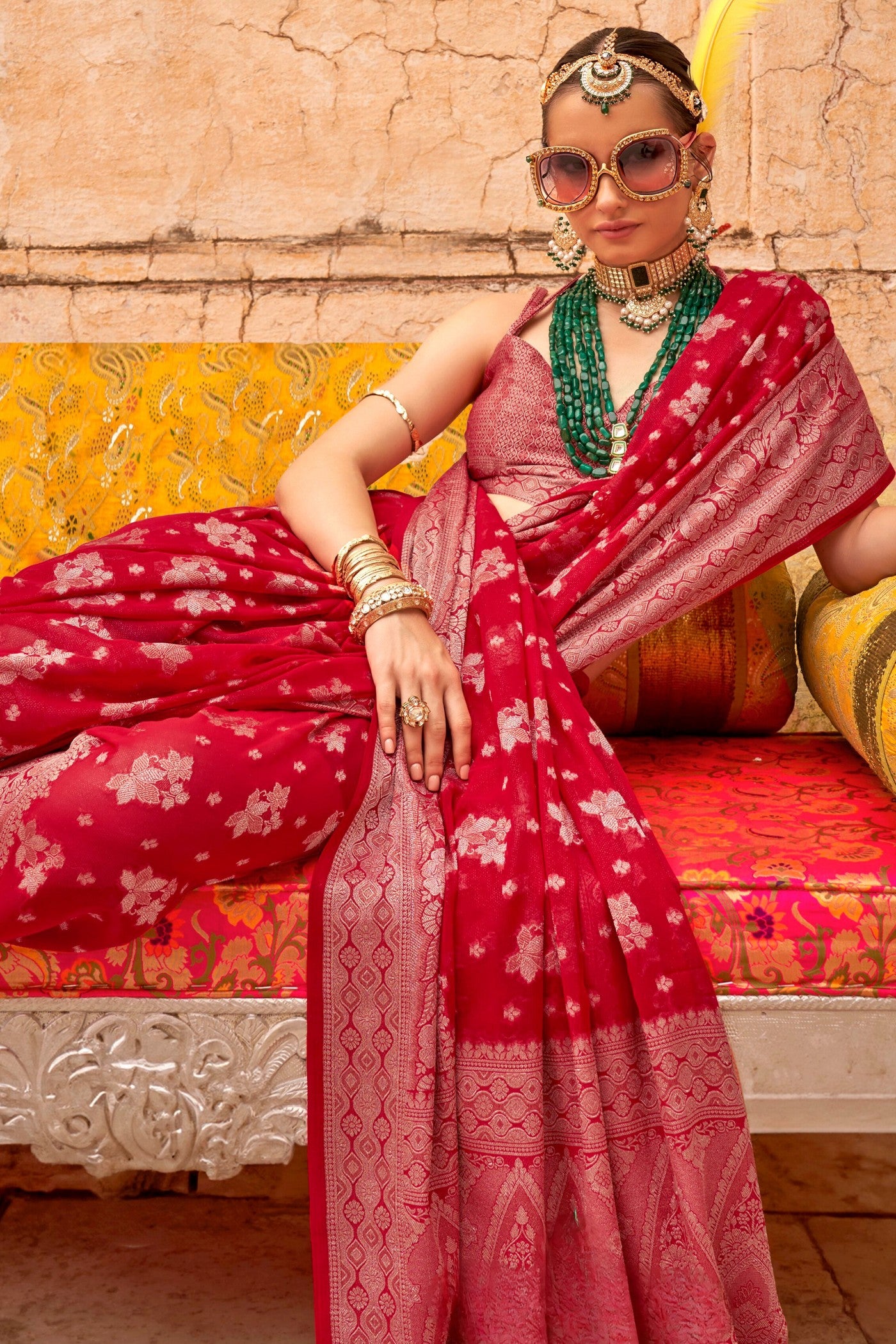 MySilkLove Thunderbird Red Zari Woven Georgette Saree