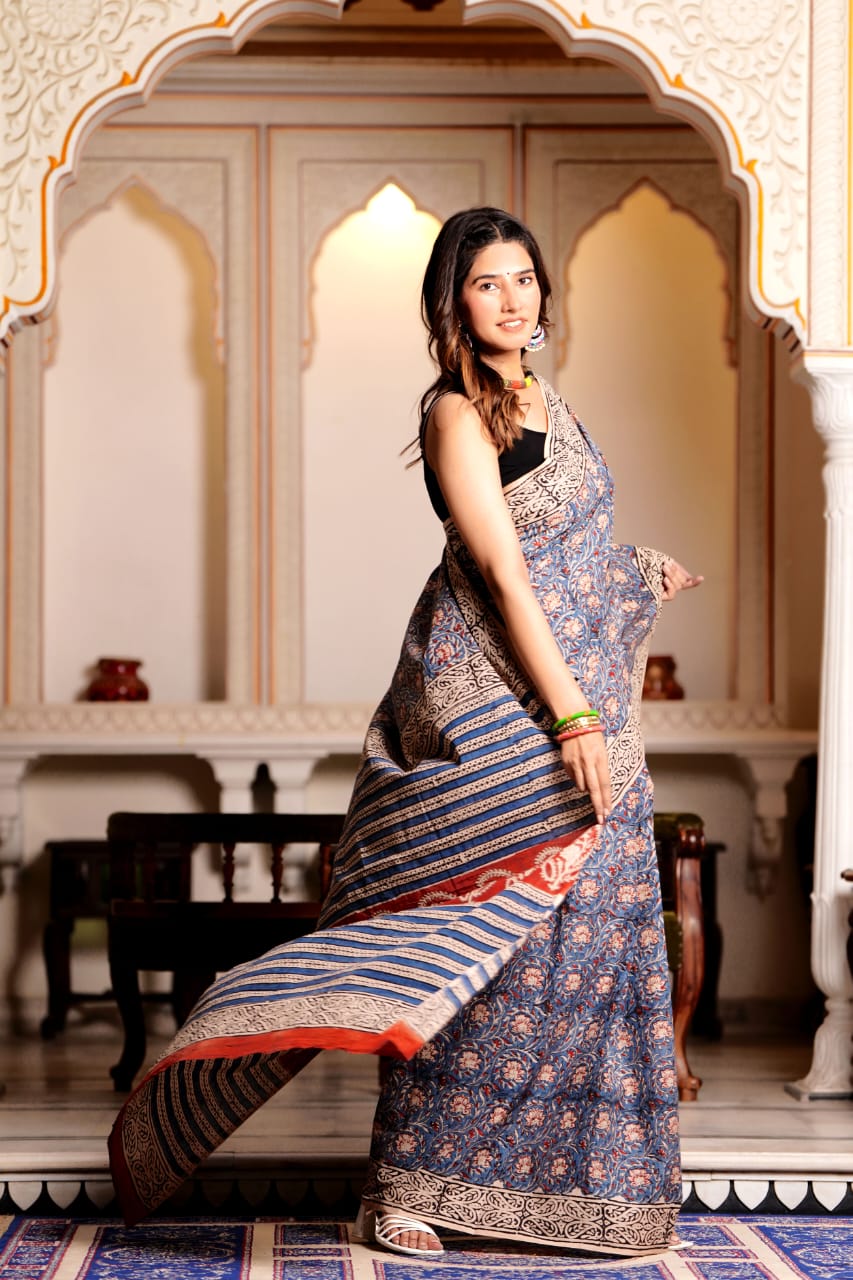 Buy MySilkLove Ash Grey Pure Cotton Handblock Printed Saree Online