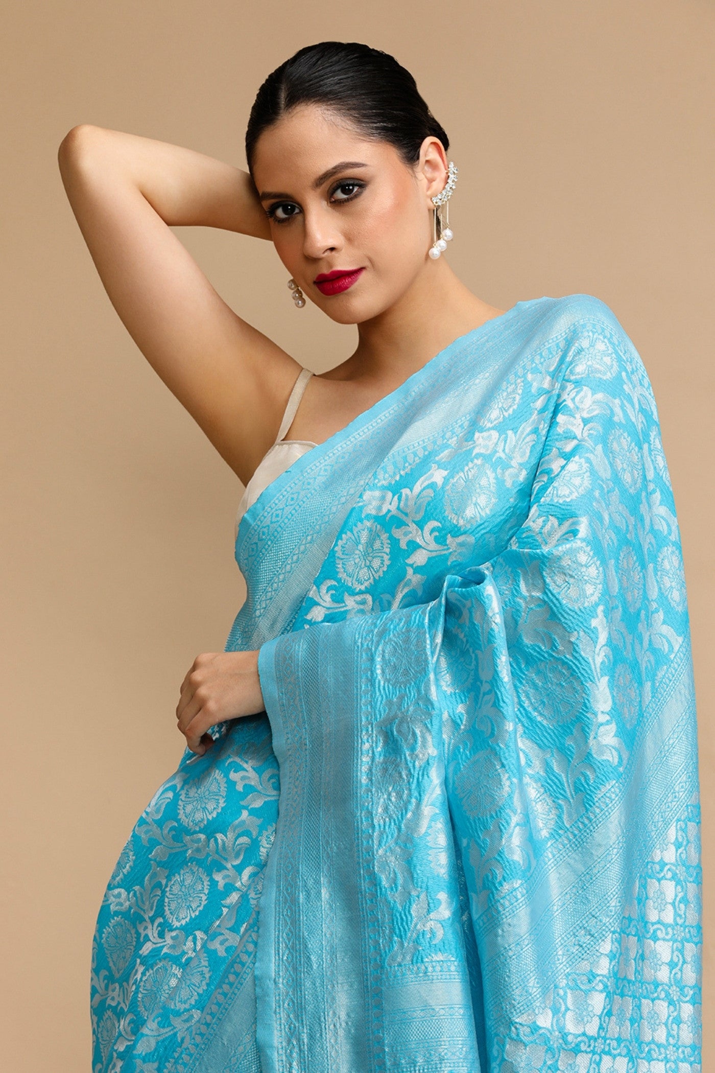 MySilkLove Aqua Blue Woven Jacquard Lichi Silk Saree