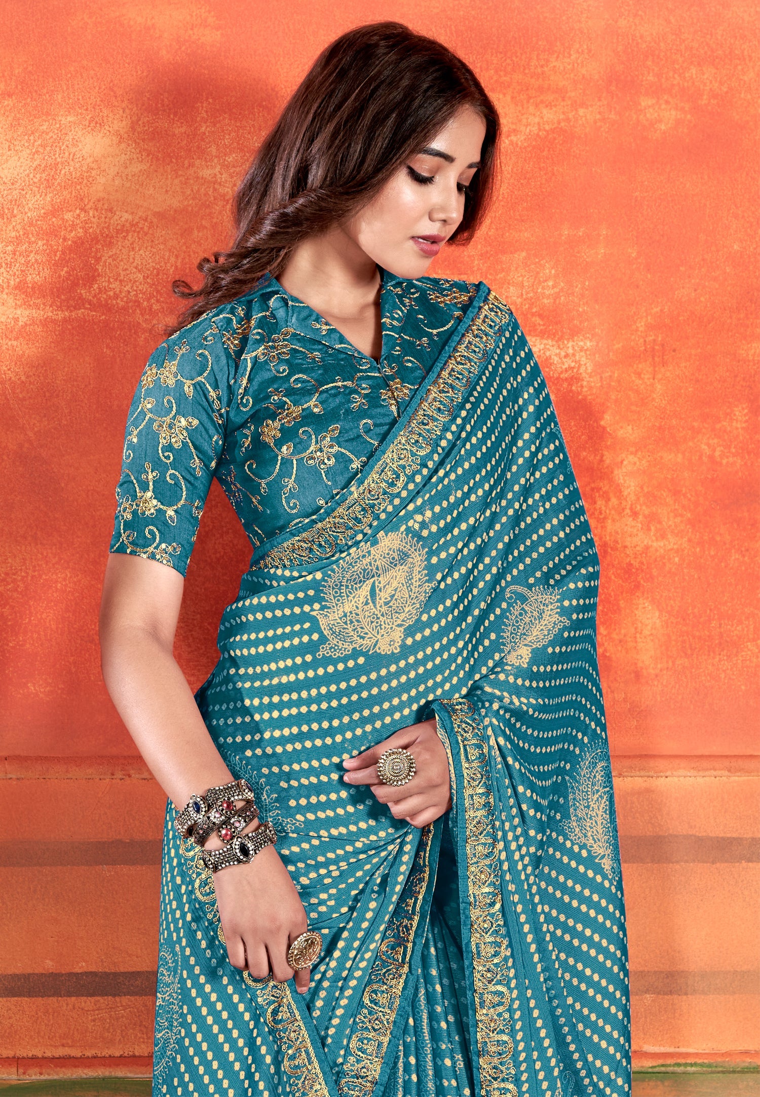 Buy MySilkLove Juniper Blue Chiffon Saree With Embroidery Work Online