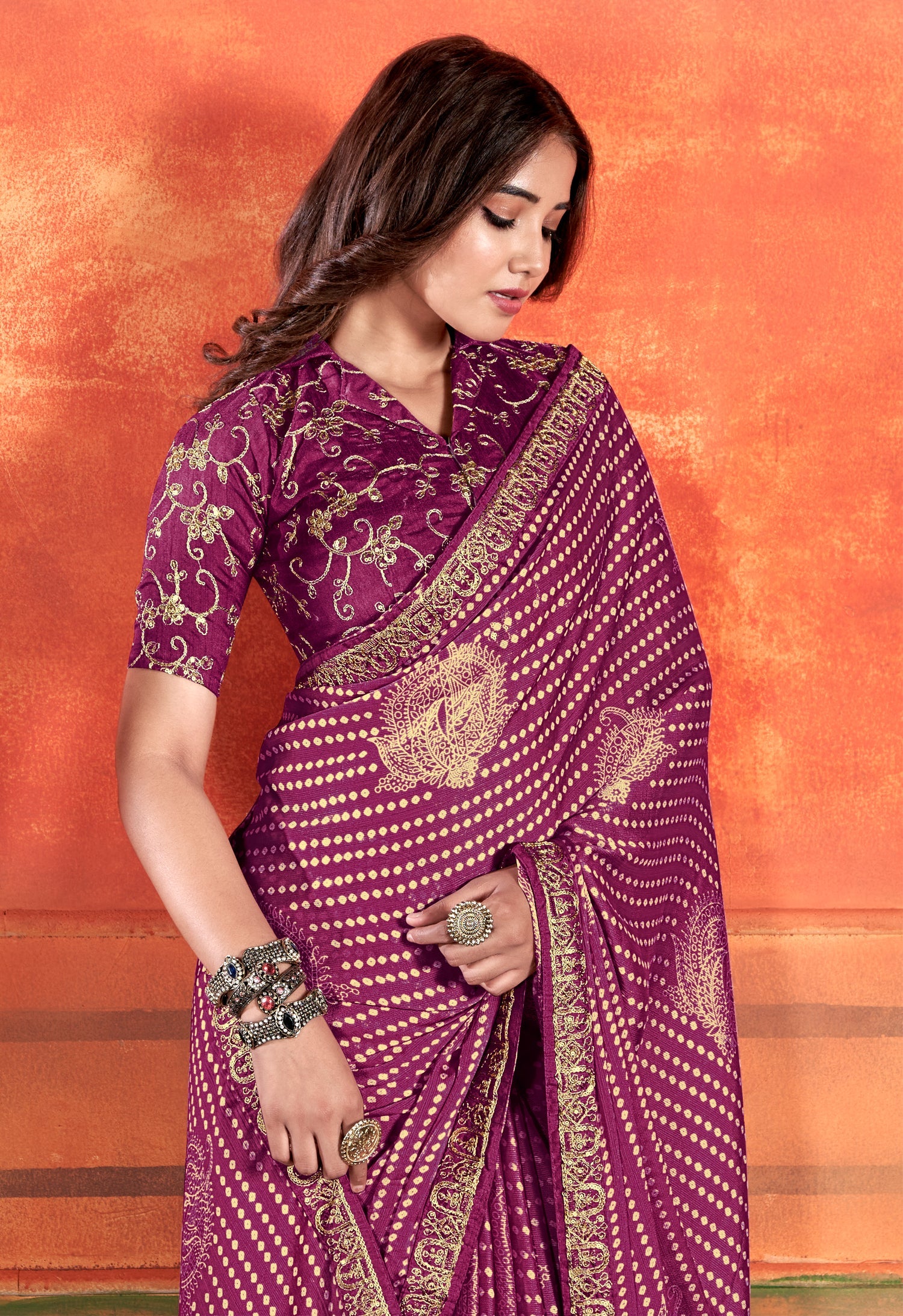 Buy MySilkLove Tapestry Purple Chiffon Saree With Embroidery Work Online