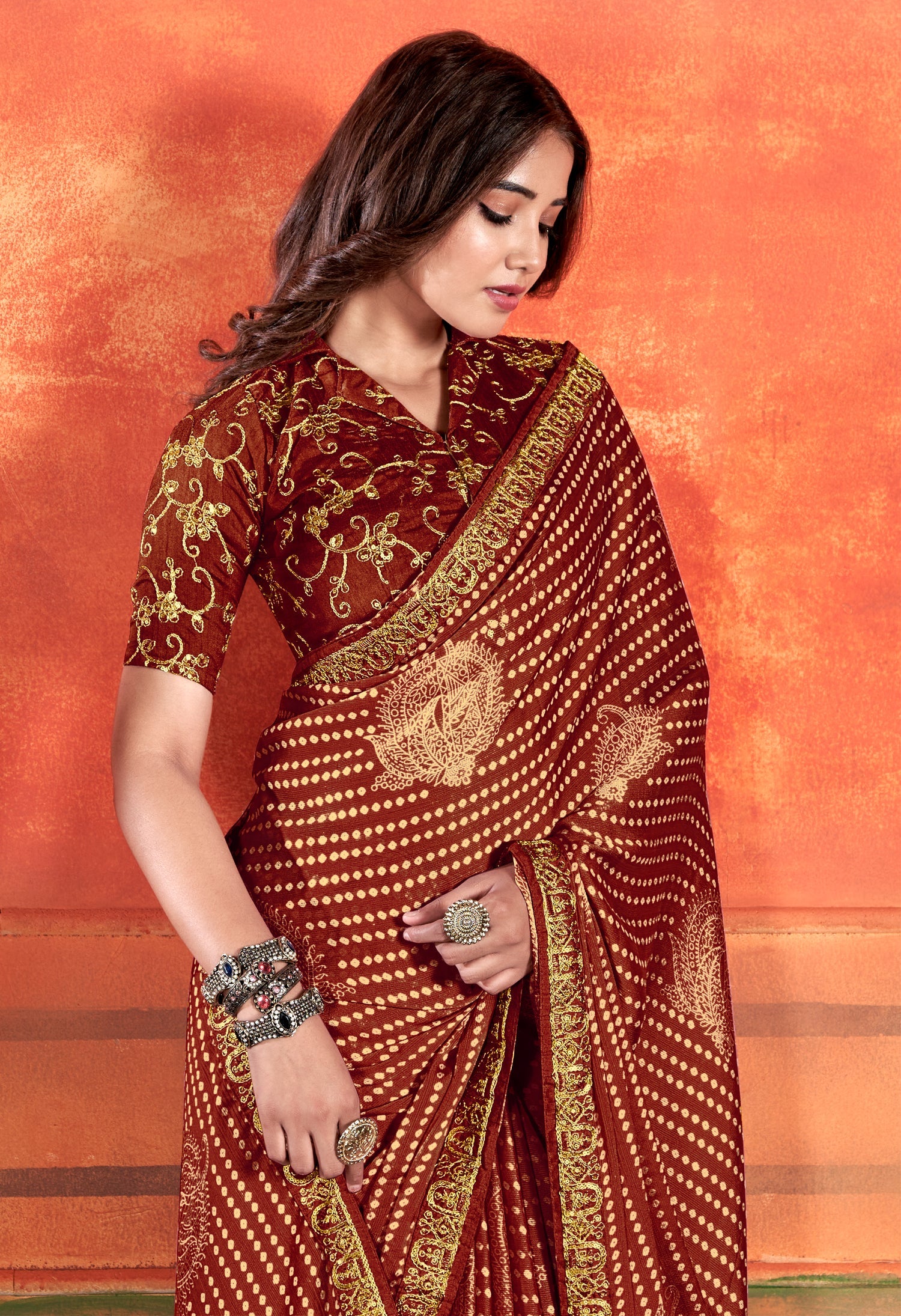 Buy MySilkLove Sepia Skin Brown Chiffon Saree With Embroidery Work Online