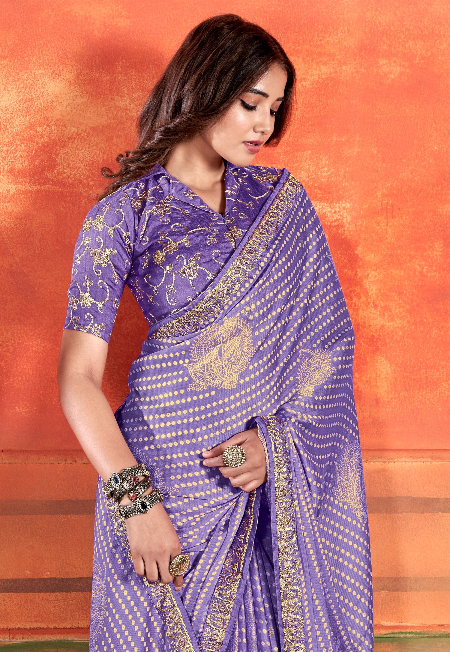Buy MySilkLove Purple Mountains Majesty Chiffon Saree With Embroidery Work Online