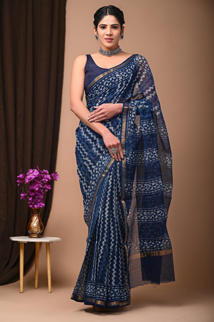 Buy MySilkLove Shadow Blue Handblock Kota Doriya Saree Online