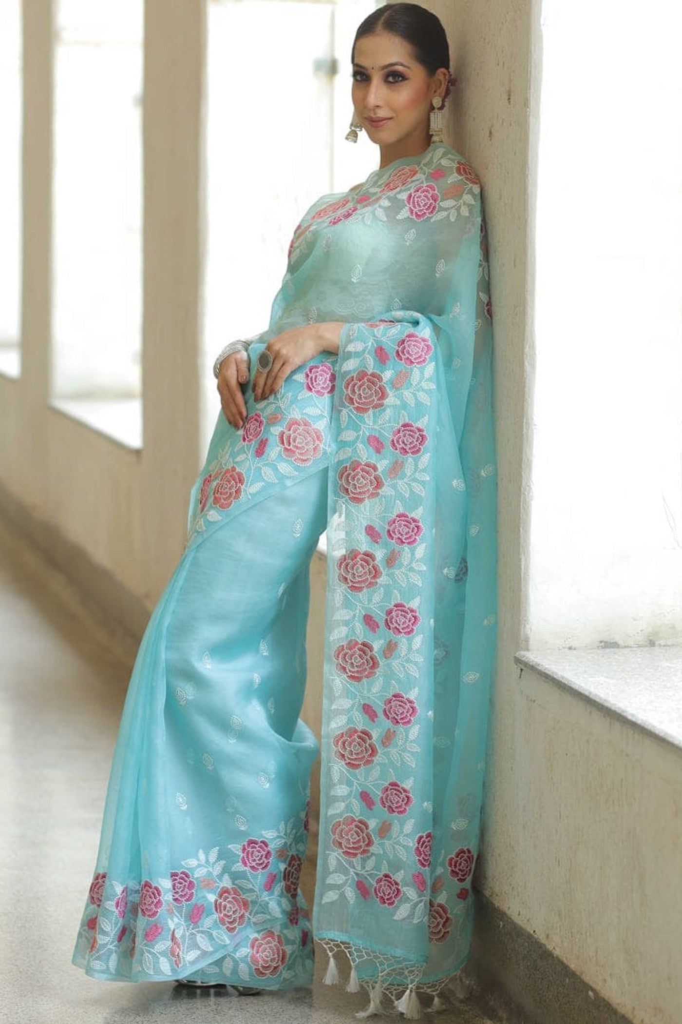 Buy MySilkLove Sky Blue Organza Partywar Saree Online