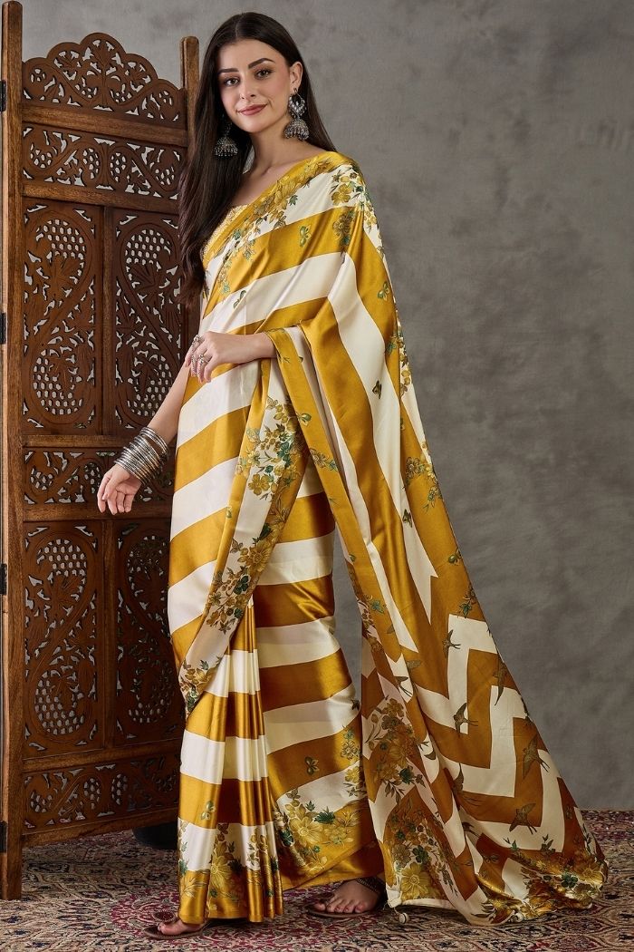 Buy MySilkLove Tulip Yellow Stripe Printed Floral Satin Gaji Silk Saree Online