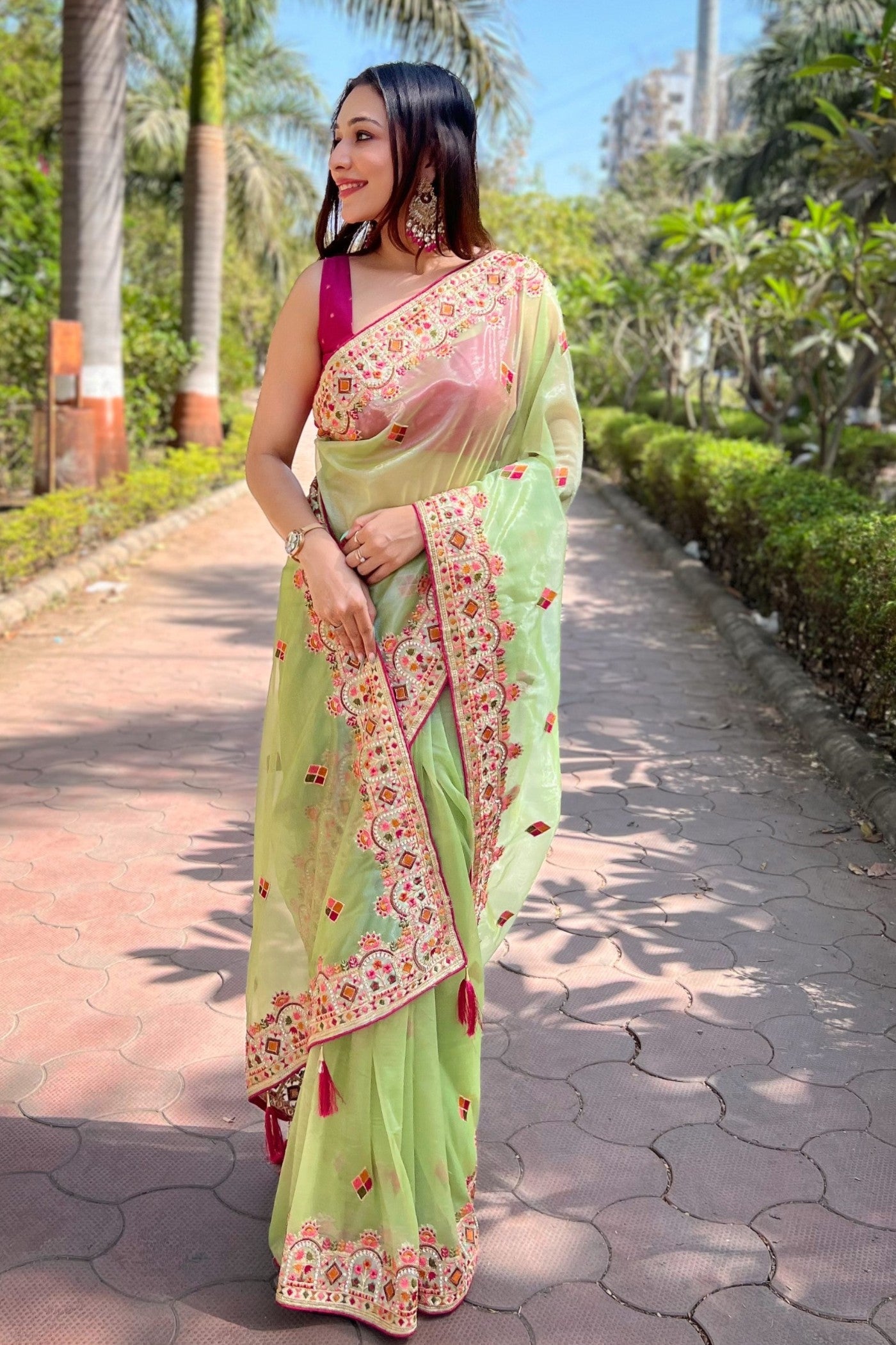 Buy MySilkLove Pista Green Embroidered Tissue Silk Saree Online