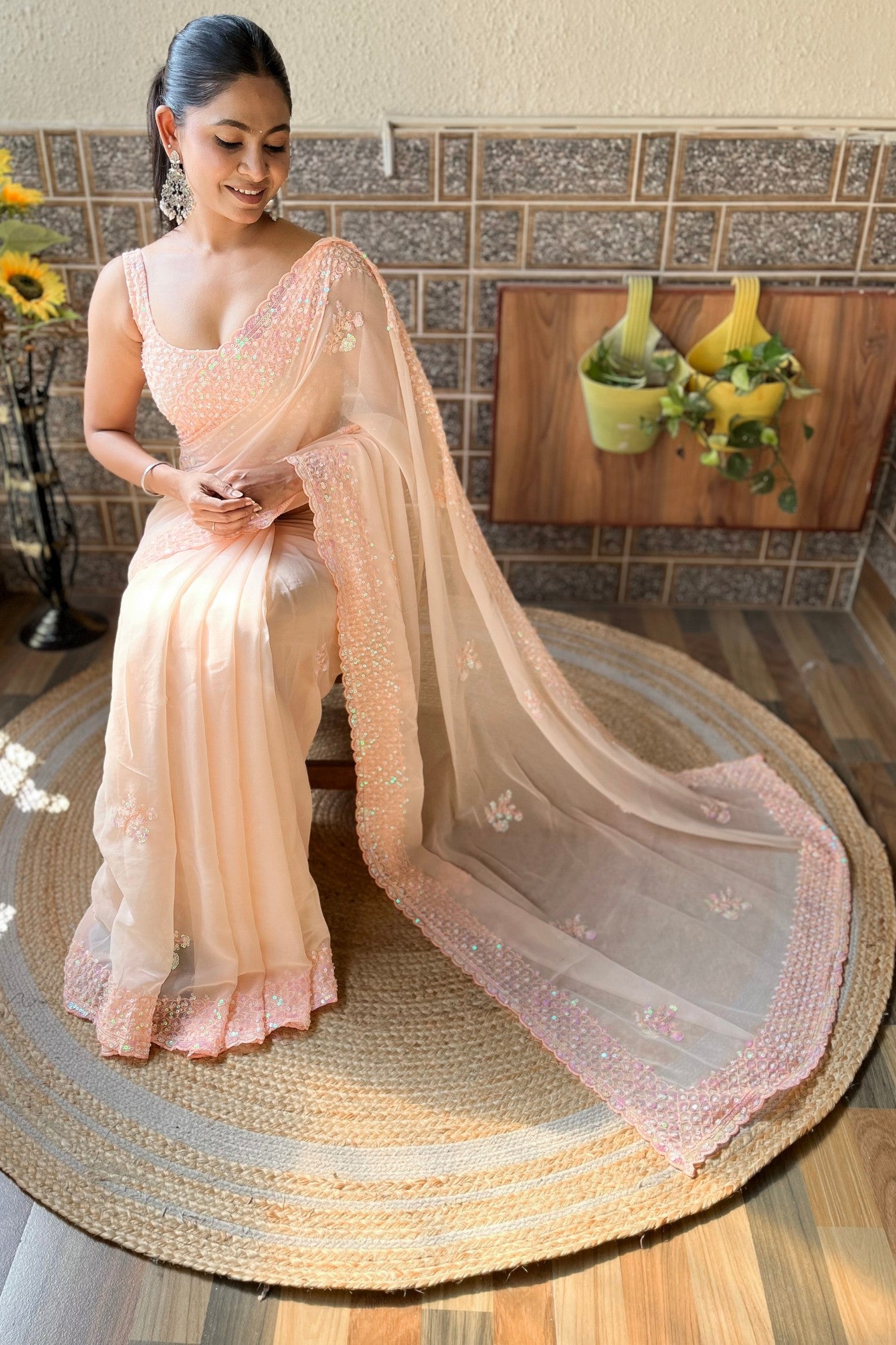 Buy MySilkLove Peach Carnations Embroidery Georgette saree Online