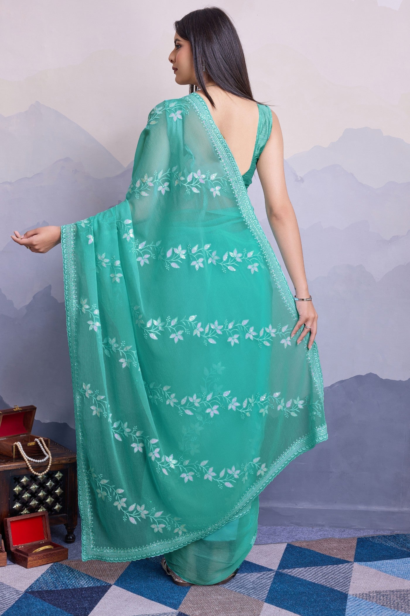 Buy MySilkLove Fancy Green Embroidered Designer Chiffon Saree Online