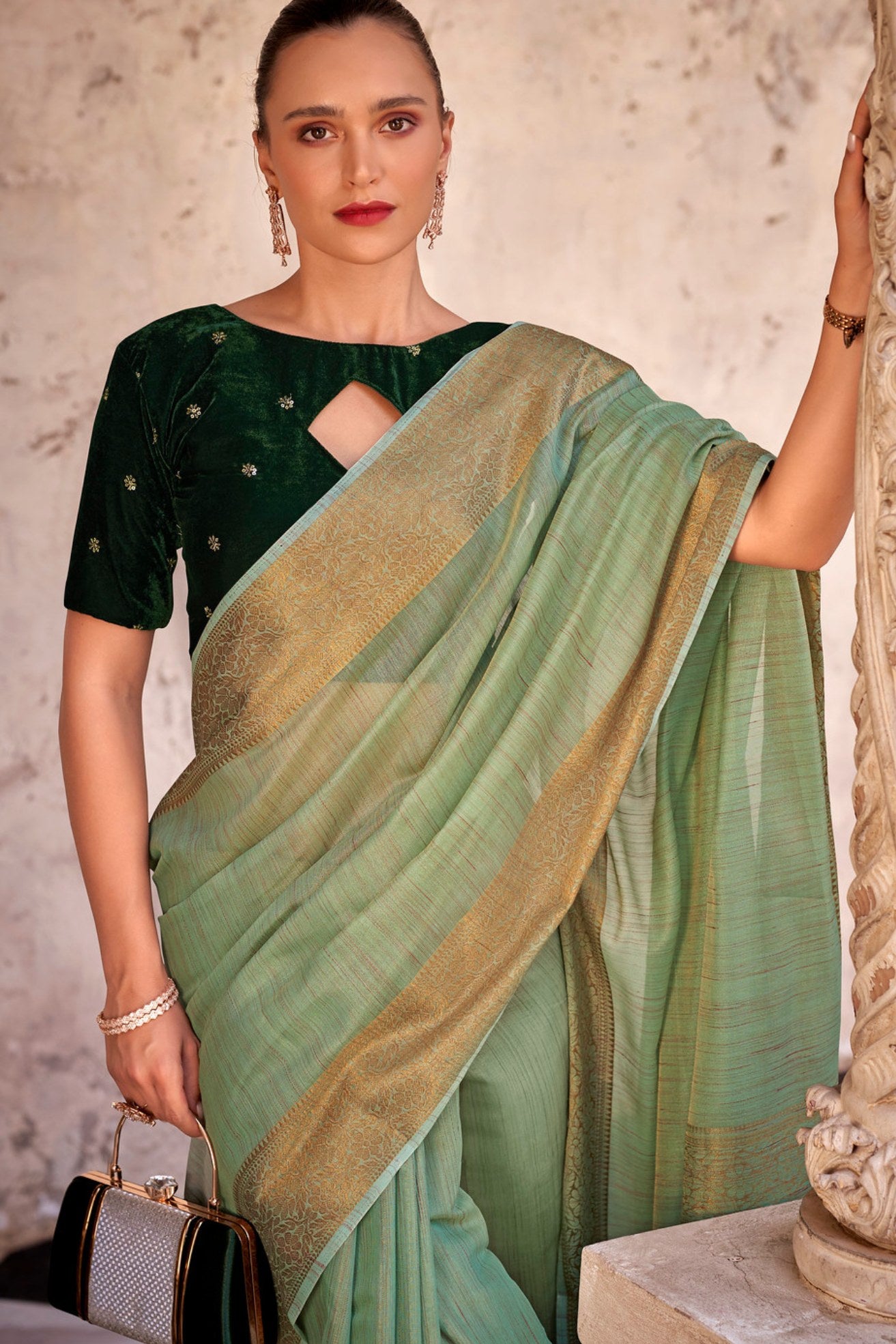 Buy MySilkLove Axolotl Green Zari Woven Linen Saree Online