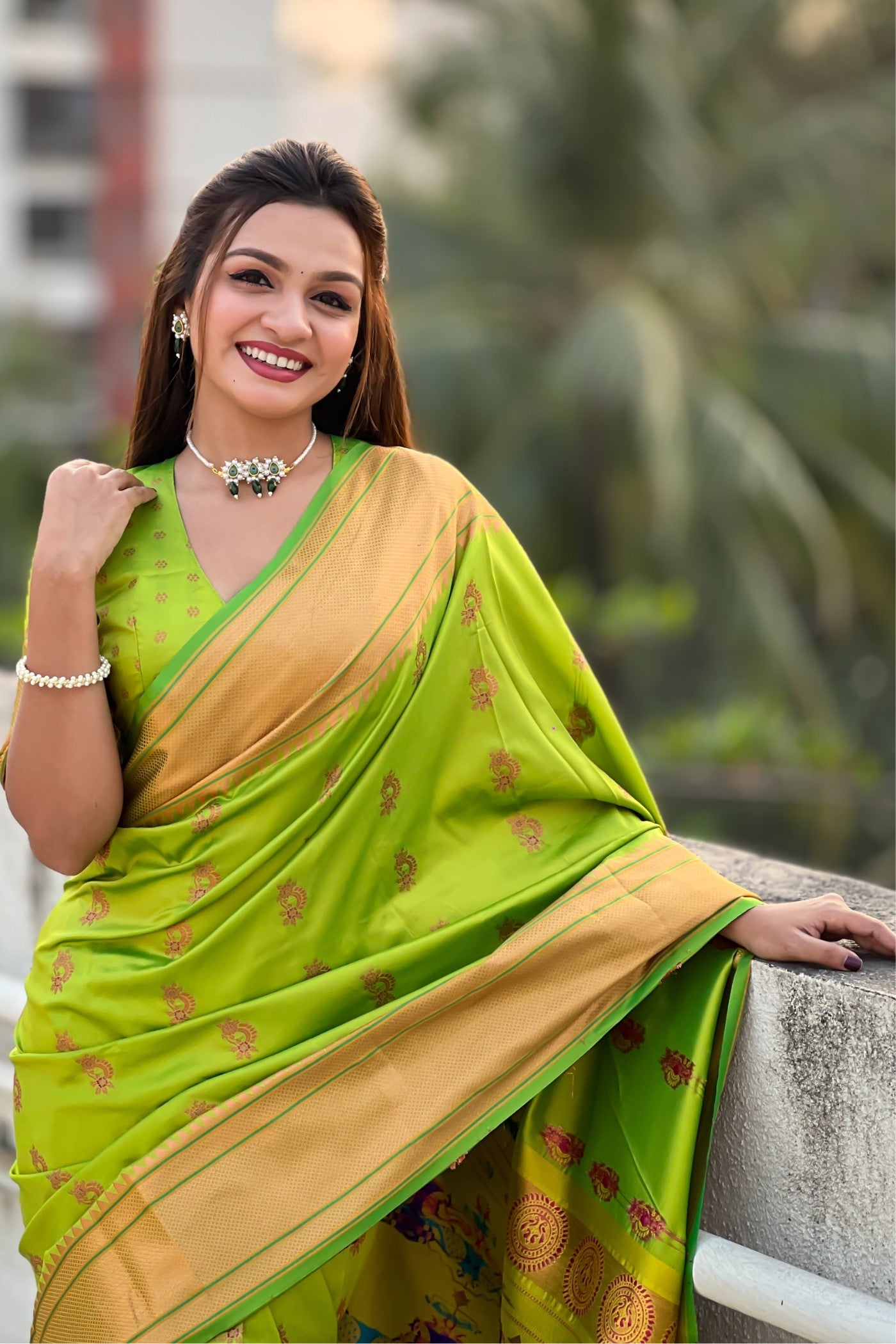 Buy MySilkLove Parrot Green Zari Woven Nath Paithani Saree Online