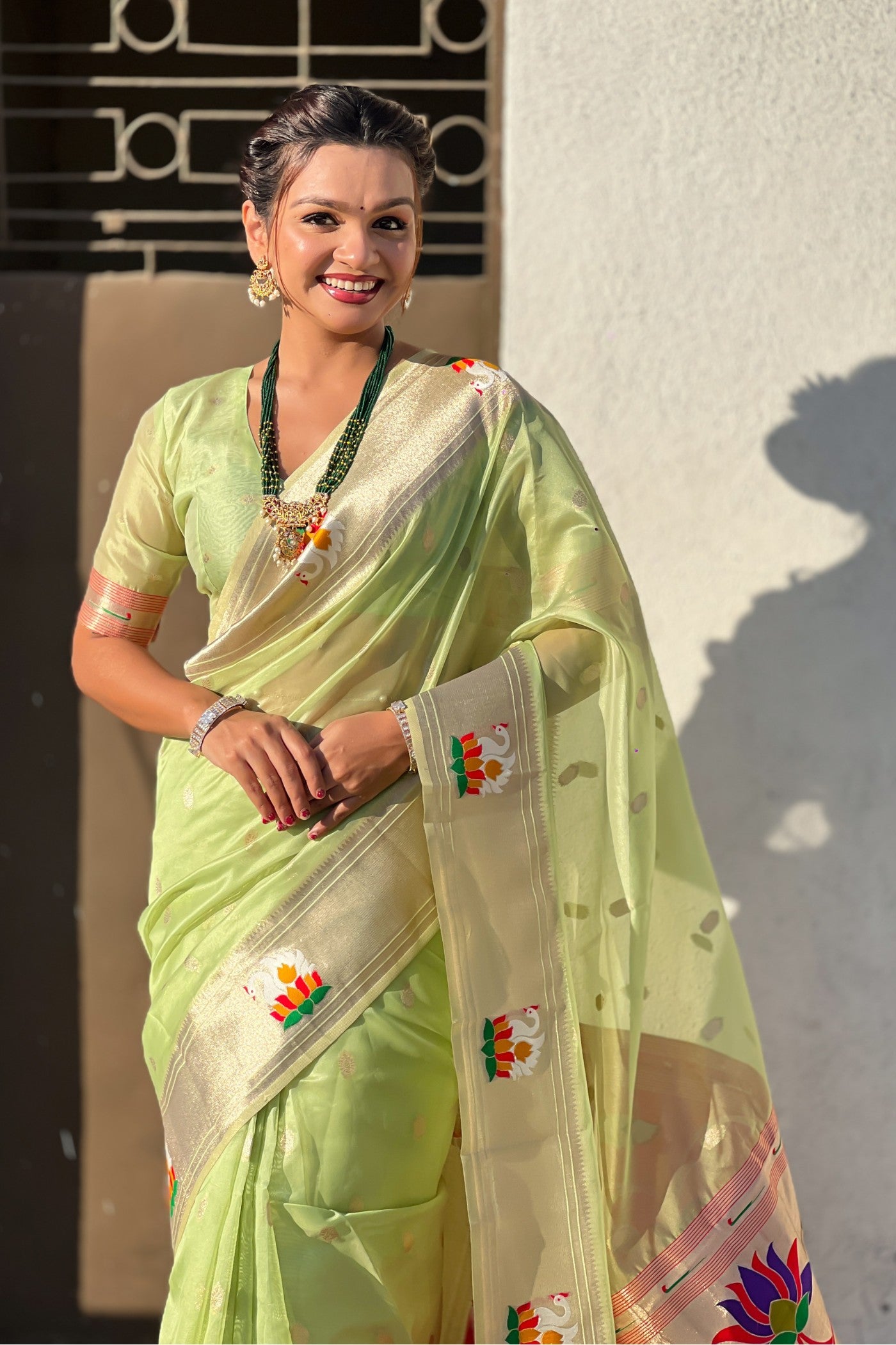 Buy MySilkLove Parrot Green Organza Woven Paithani Saree Online