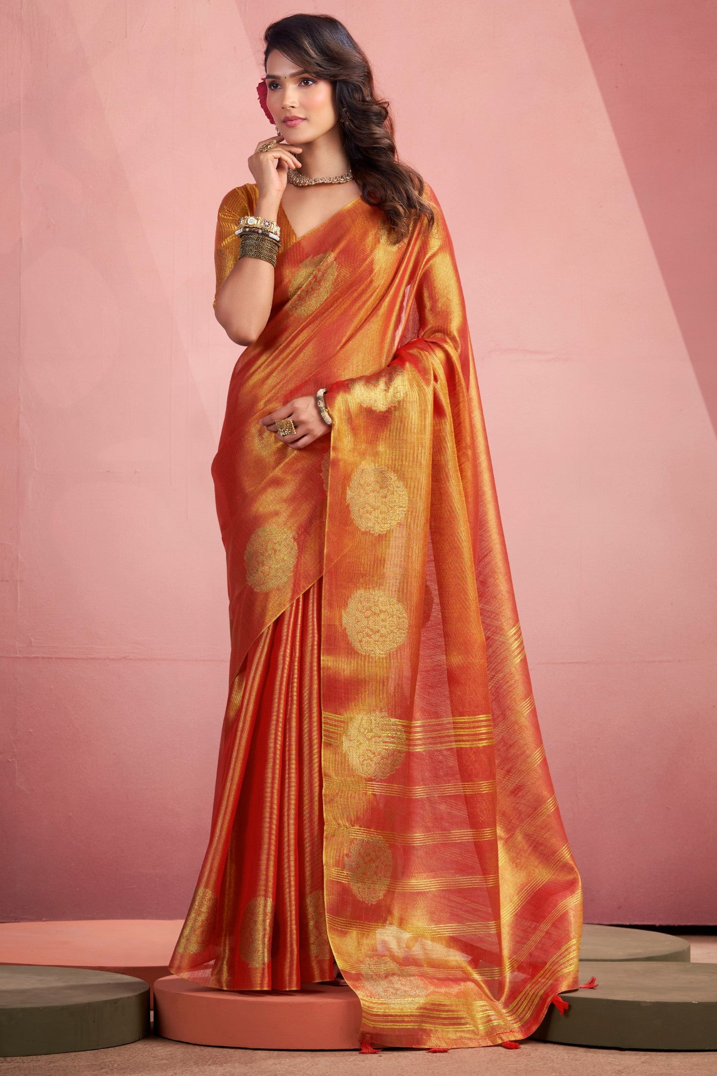 Buy MySilkLove Cider Orange Zari Woven Tisssue Saree Online