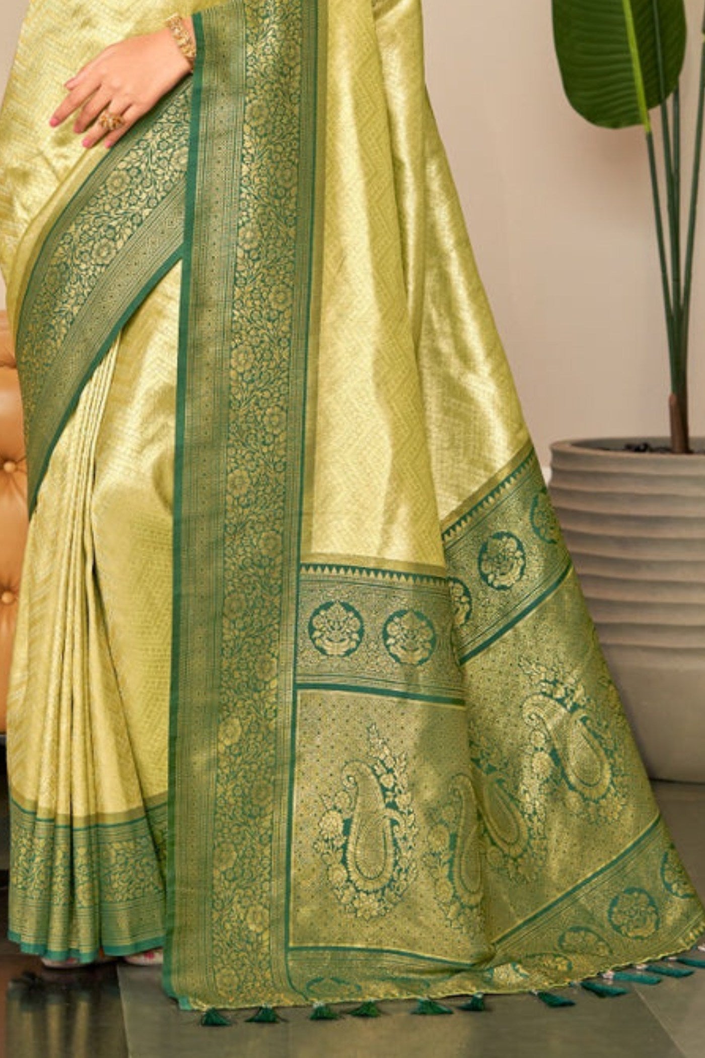 Buy MySilkLove Lemon Yellow Zari Woven Kanjivaram Saree Online