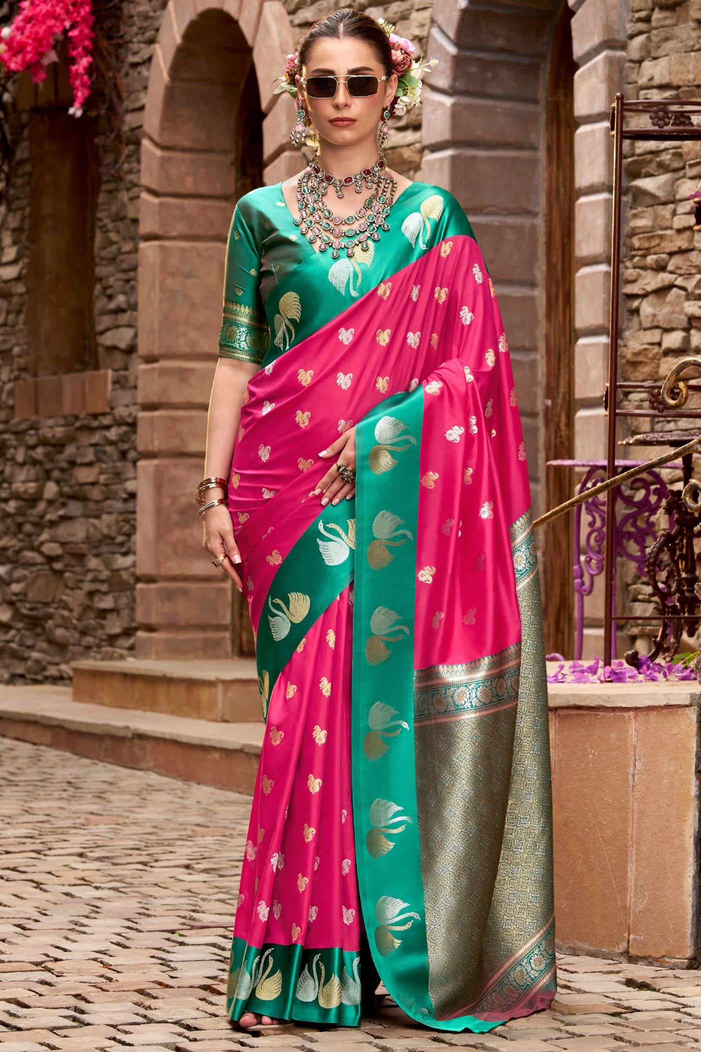 Buy MySilkLove Hot Pink Woven Satin Soft Silk Saree Online