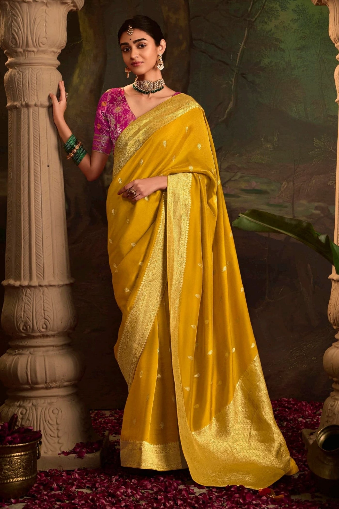 Buy MySilkLove Equator Yellow Designer Banarasi Dola Silk Saree Online