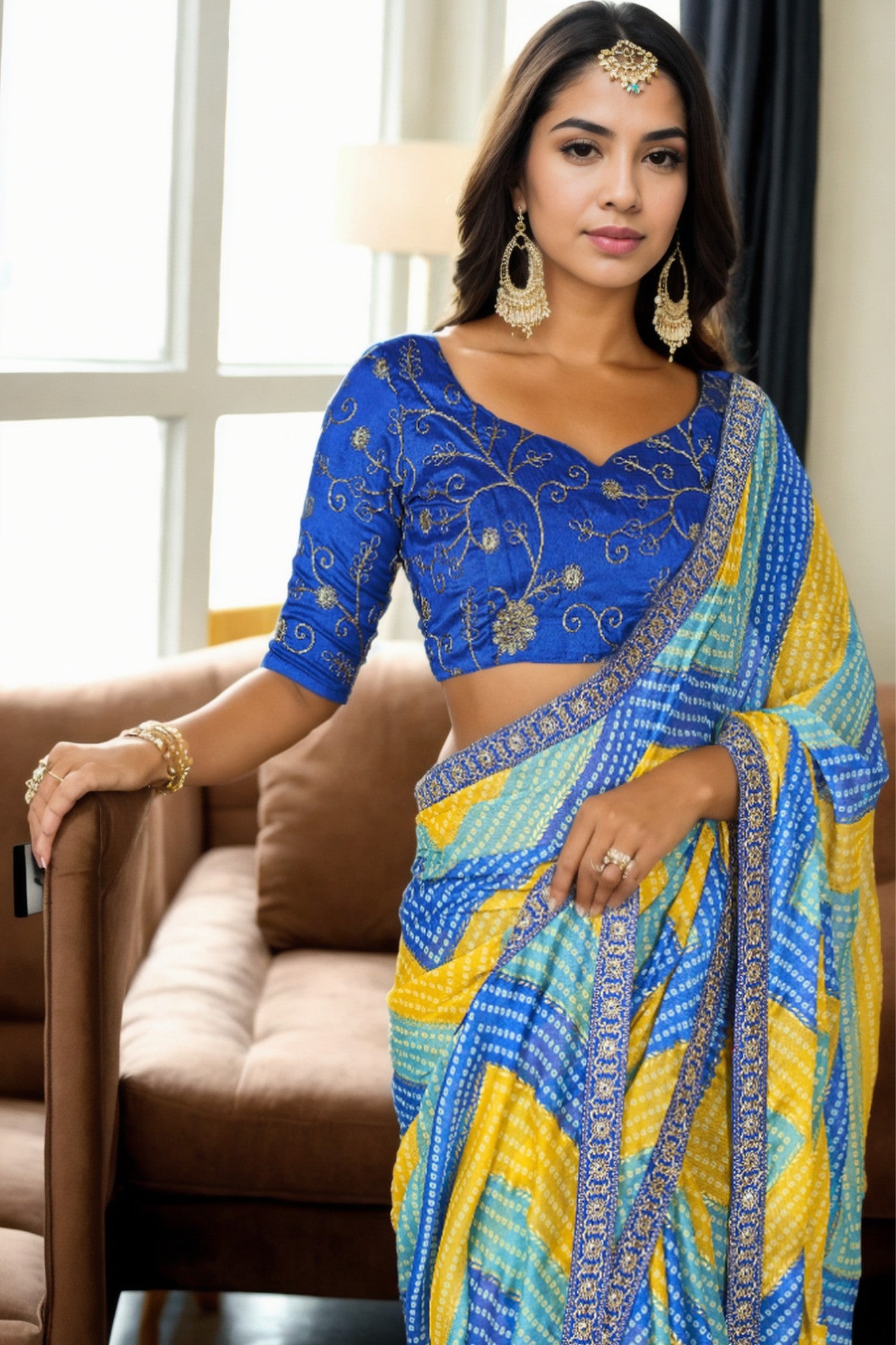 Buy MySilkLove Azure Blue and Yellow Bandhani Digital Printed Silk Saree Online