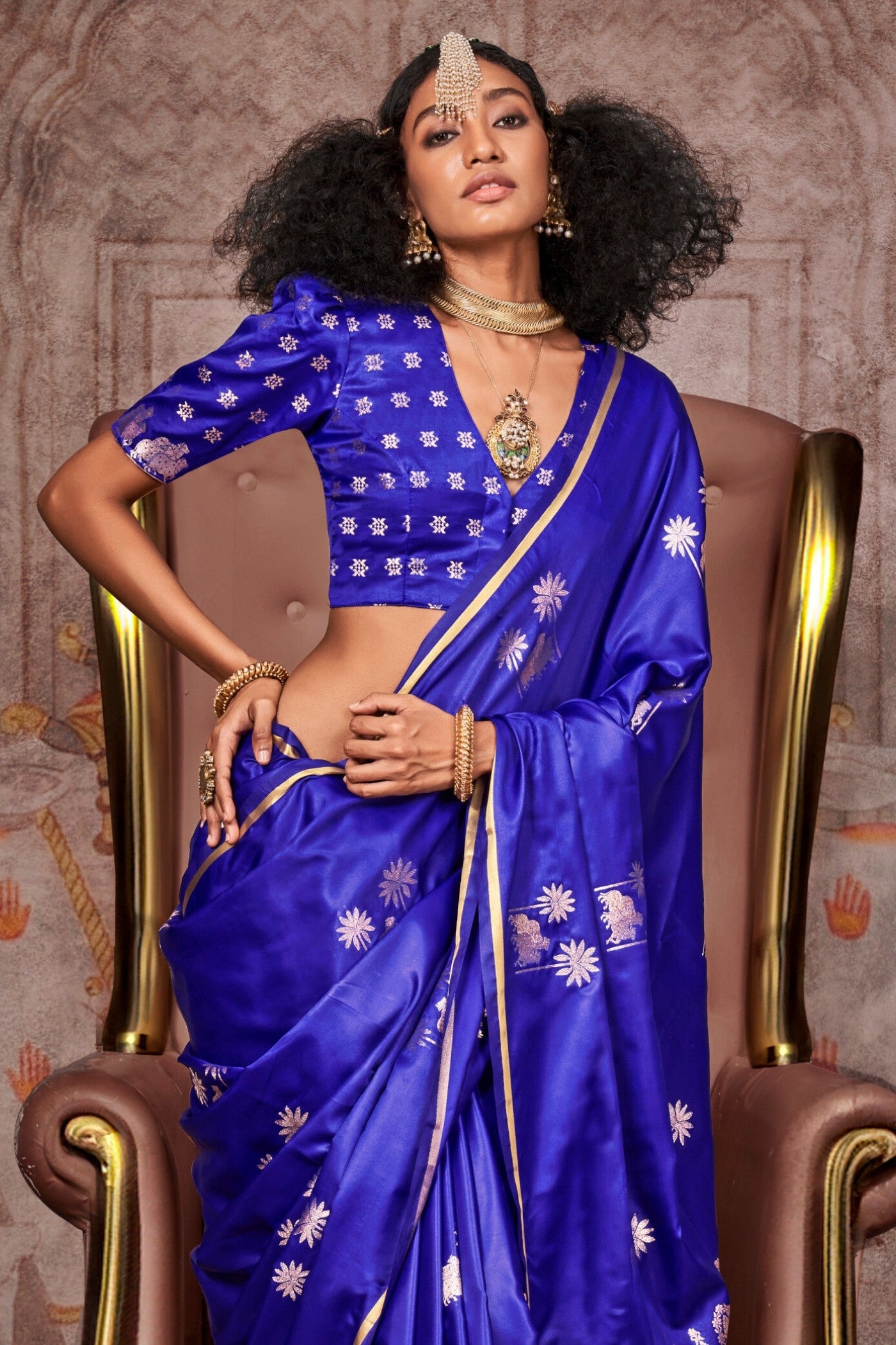 Buy MySilkLove Cobalt Blue Banarasi Pichwai Satin Saree Online