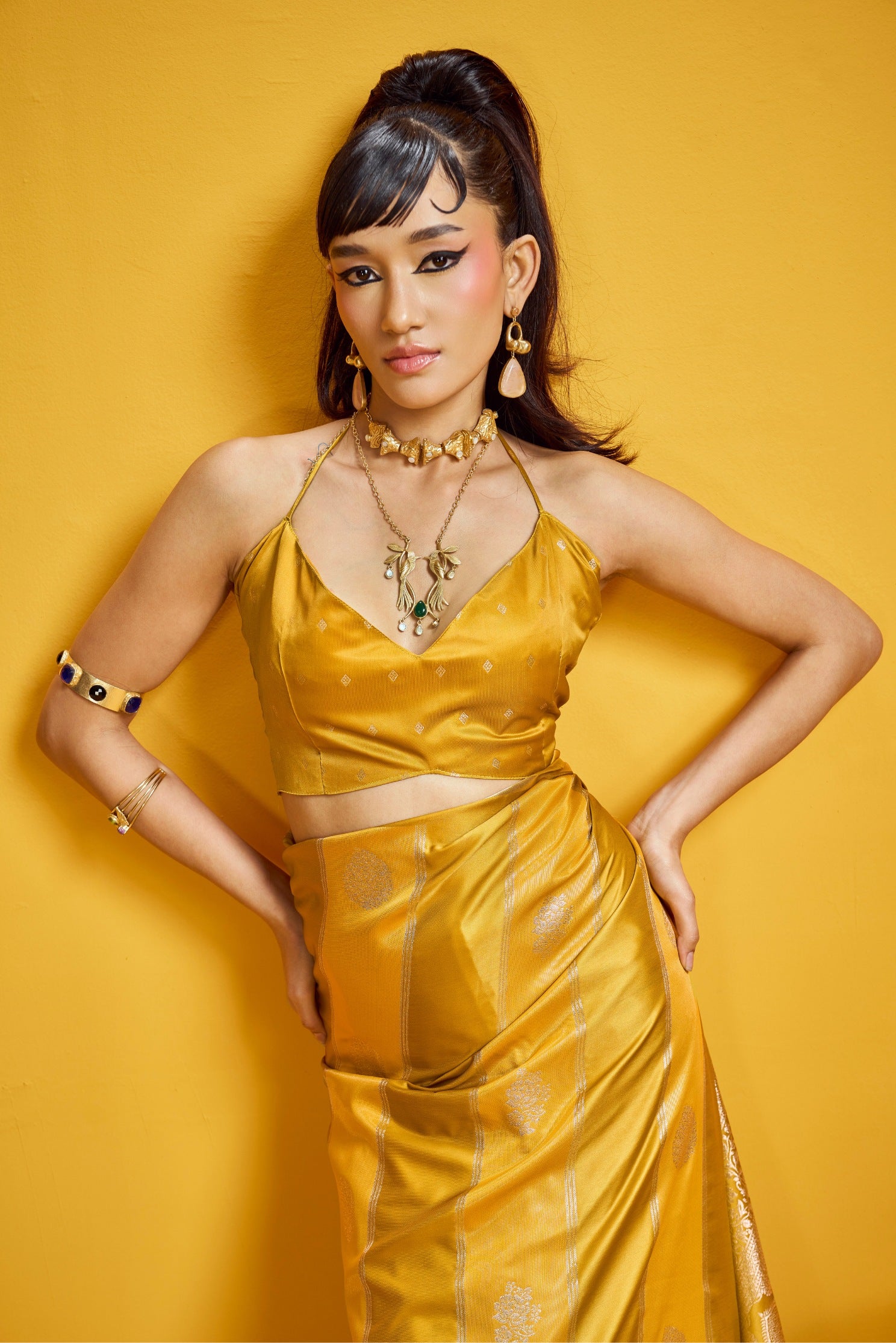 Buy MySilkLove Trombone Yellow Banarasi Handloom Satin Silk Saree Online