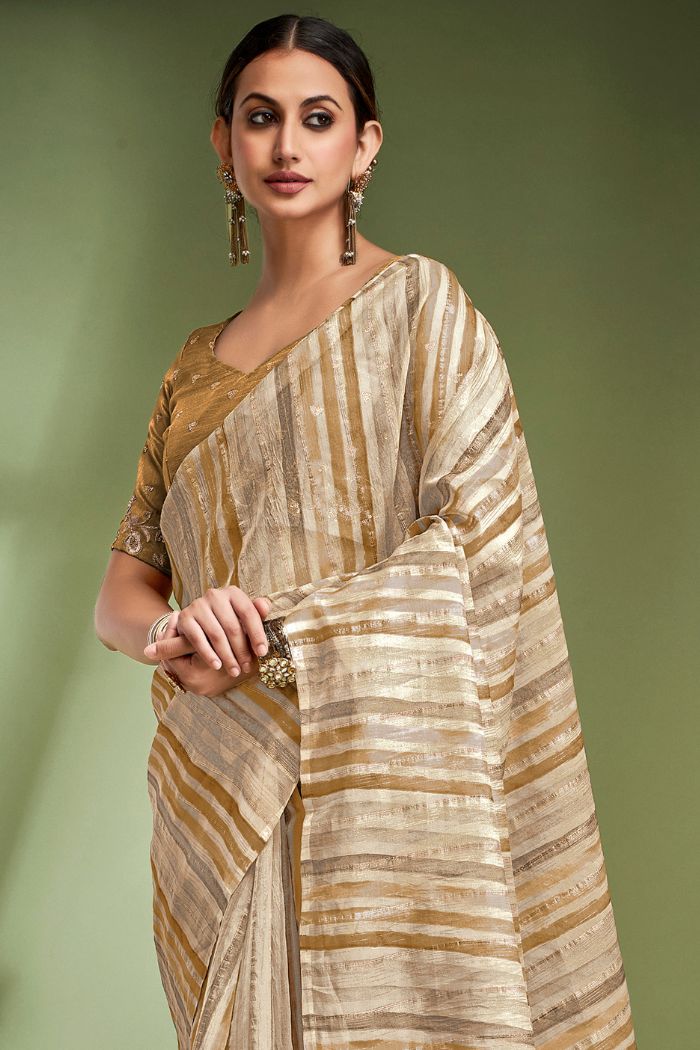 Buy MySilkLove Muesli Brown Woven Tissue Saree Online