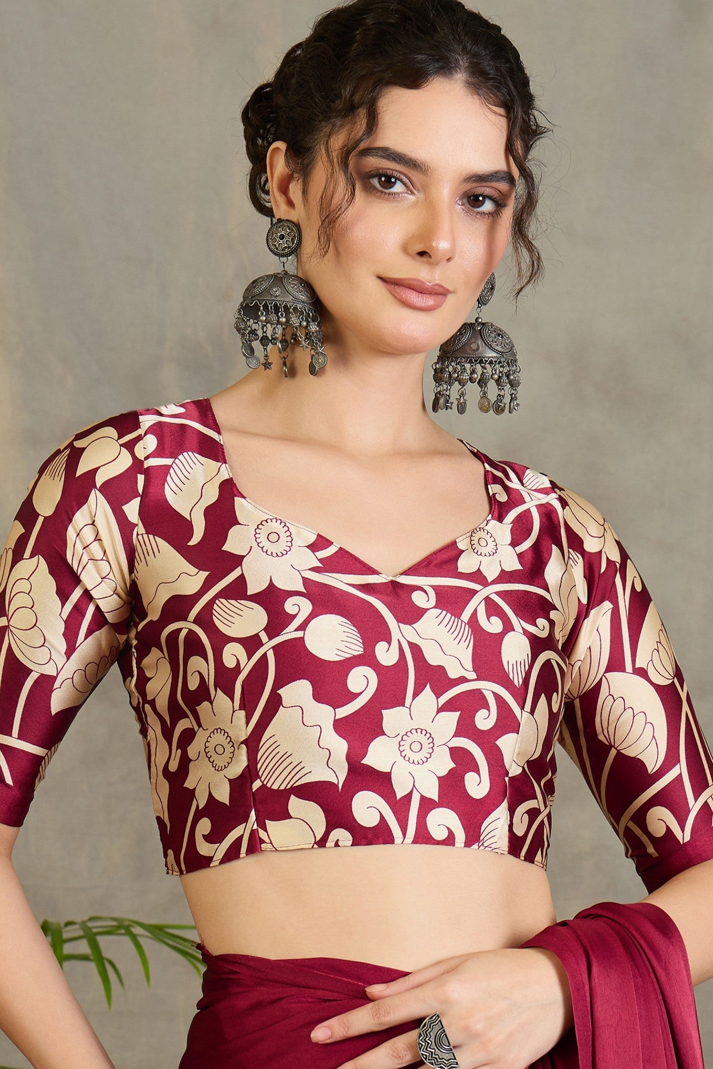 Buy MySilkLove Vintage Maroon Kalamkari Printed Satin Silk Saree Online