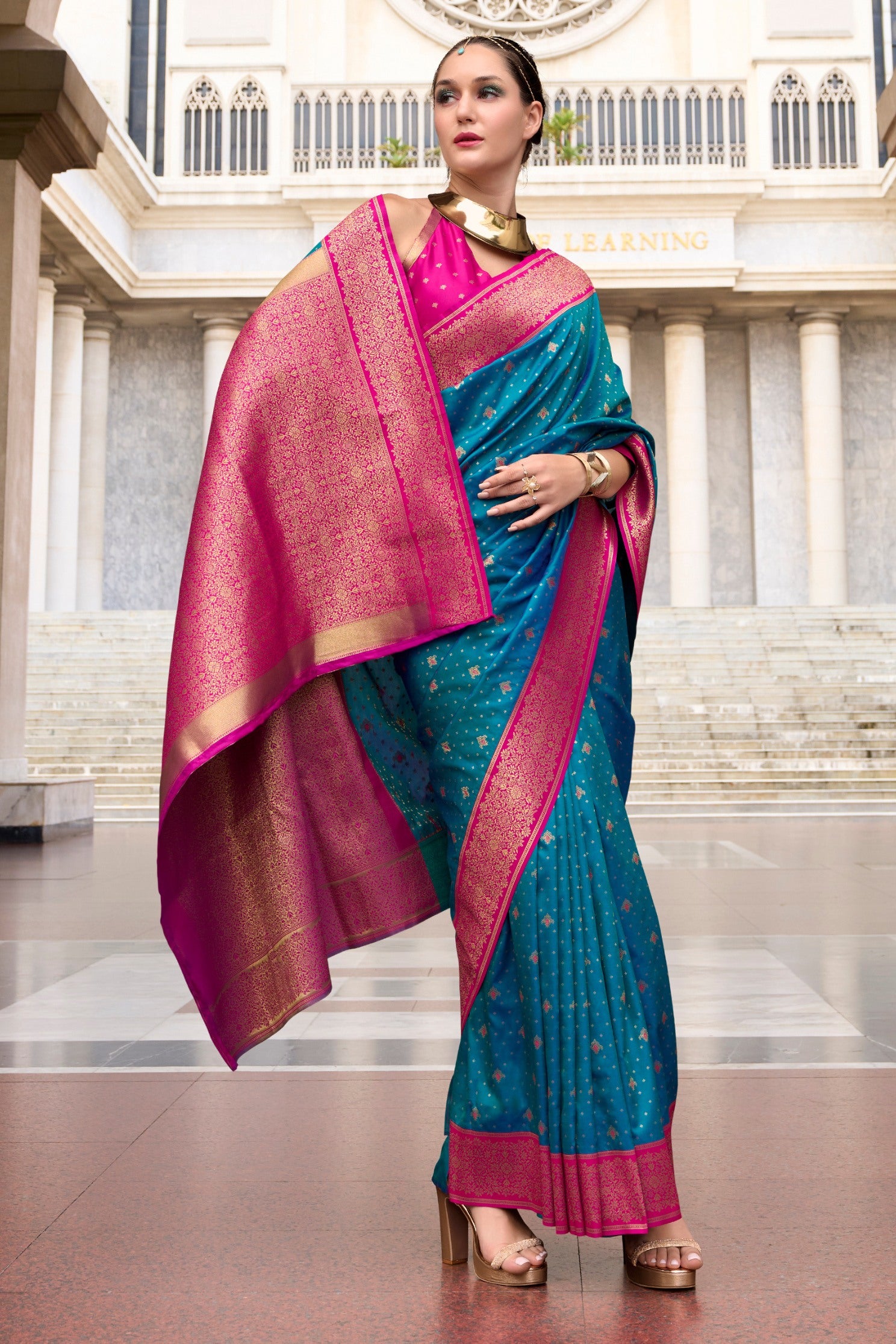 Buy MySilkLove Metallic Blue Zari Woven Banarasi Soft Silk Saree Online