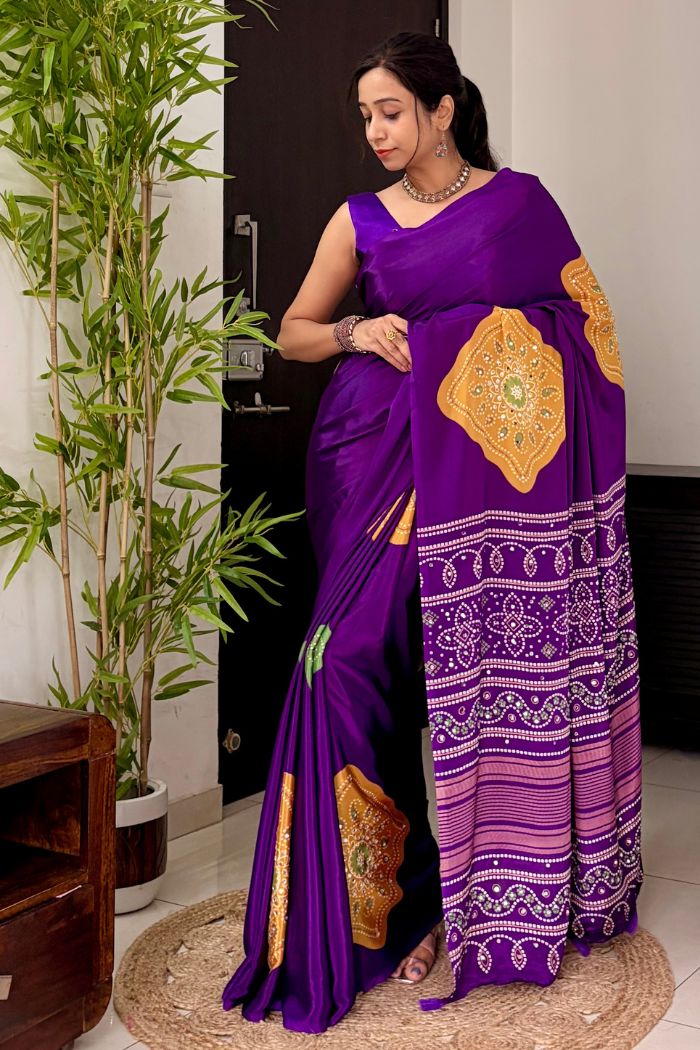 Buy MySilkLove Amethyst Purple Ajrakh Satin Printed Mirror Work Saree Online