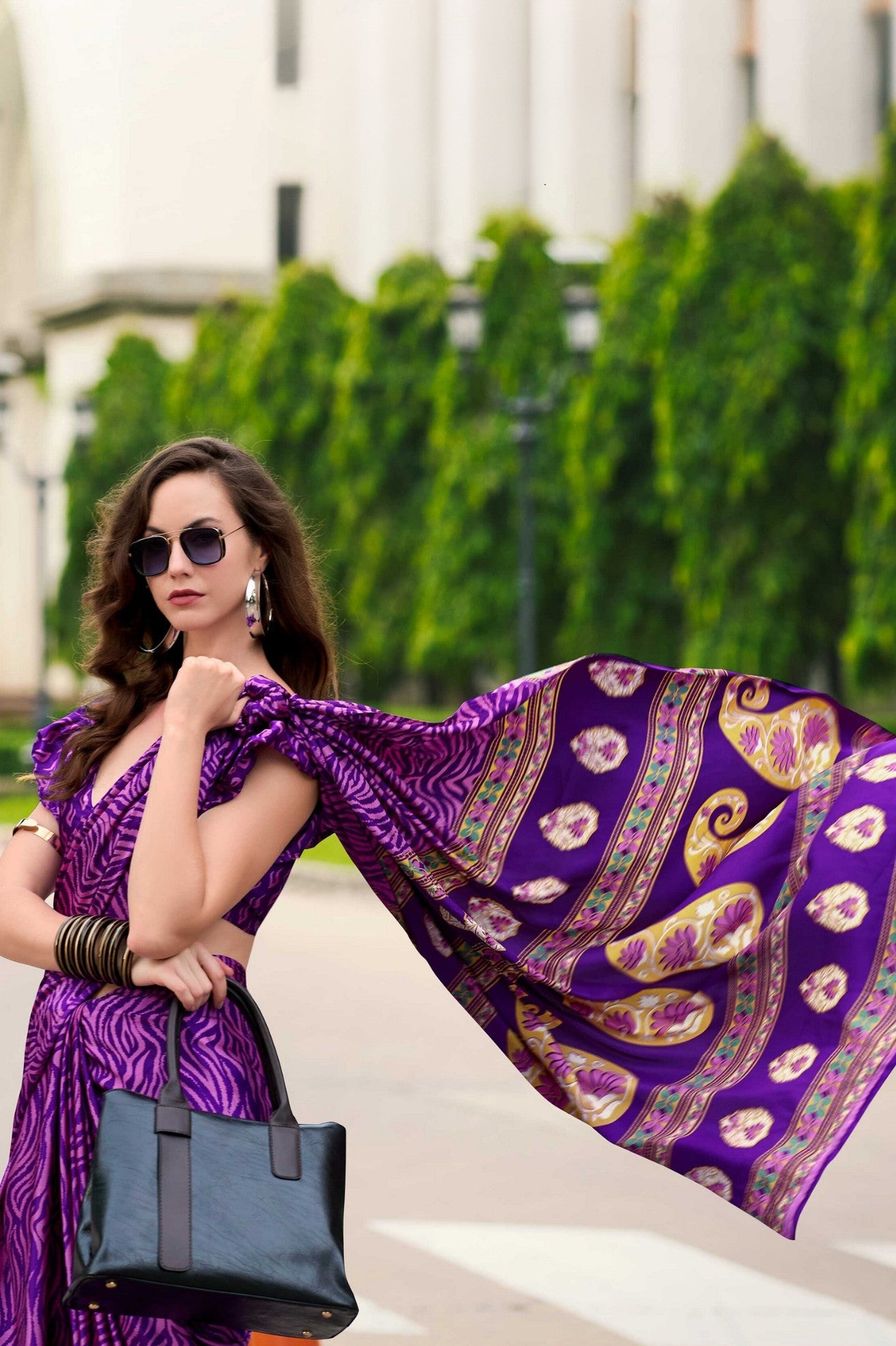 Buy MySilkLove Violet Purple Printed Satin Crepe Saree Online