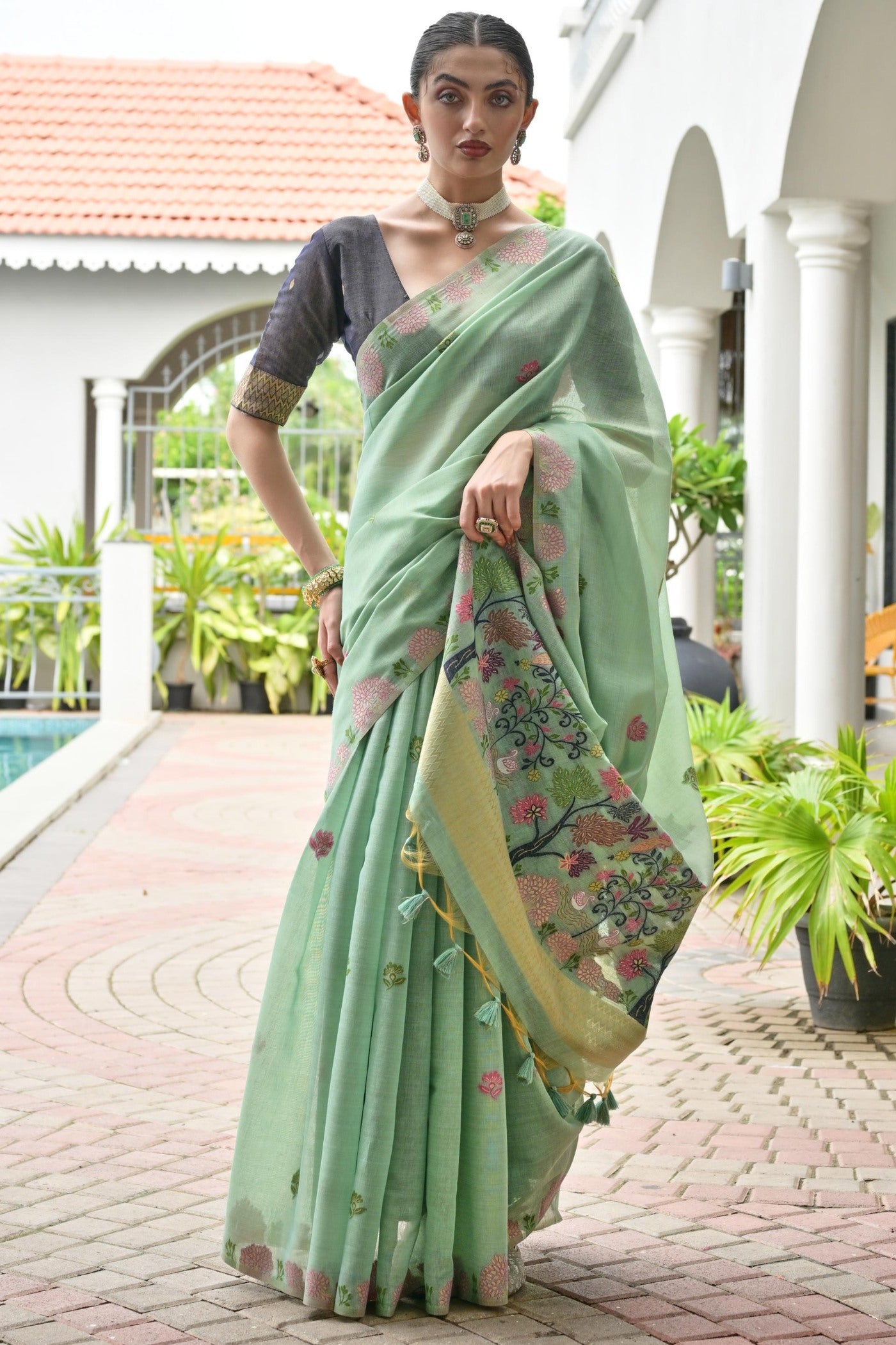 Buy MySilkLove Mentor Green Woven Muga Cotton Saree Online