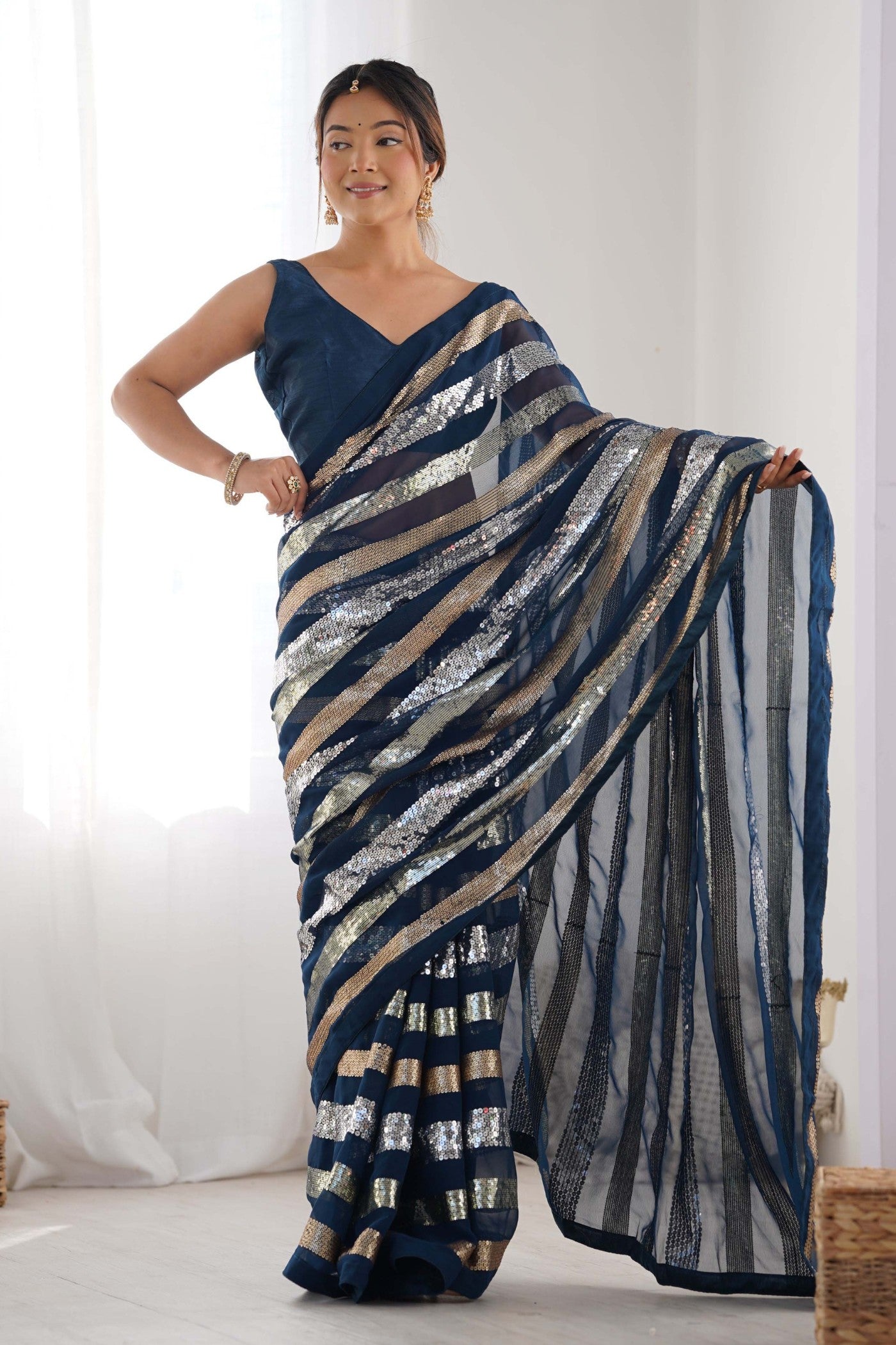 Buy MySilkLove Mirage Blue Georgette Partywear Saree Online