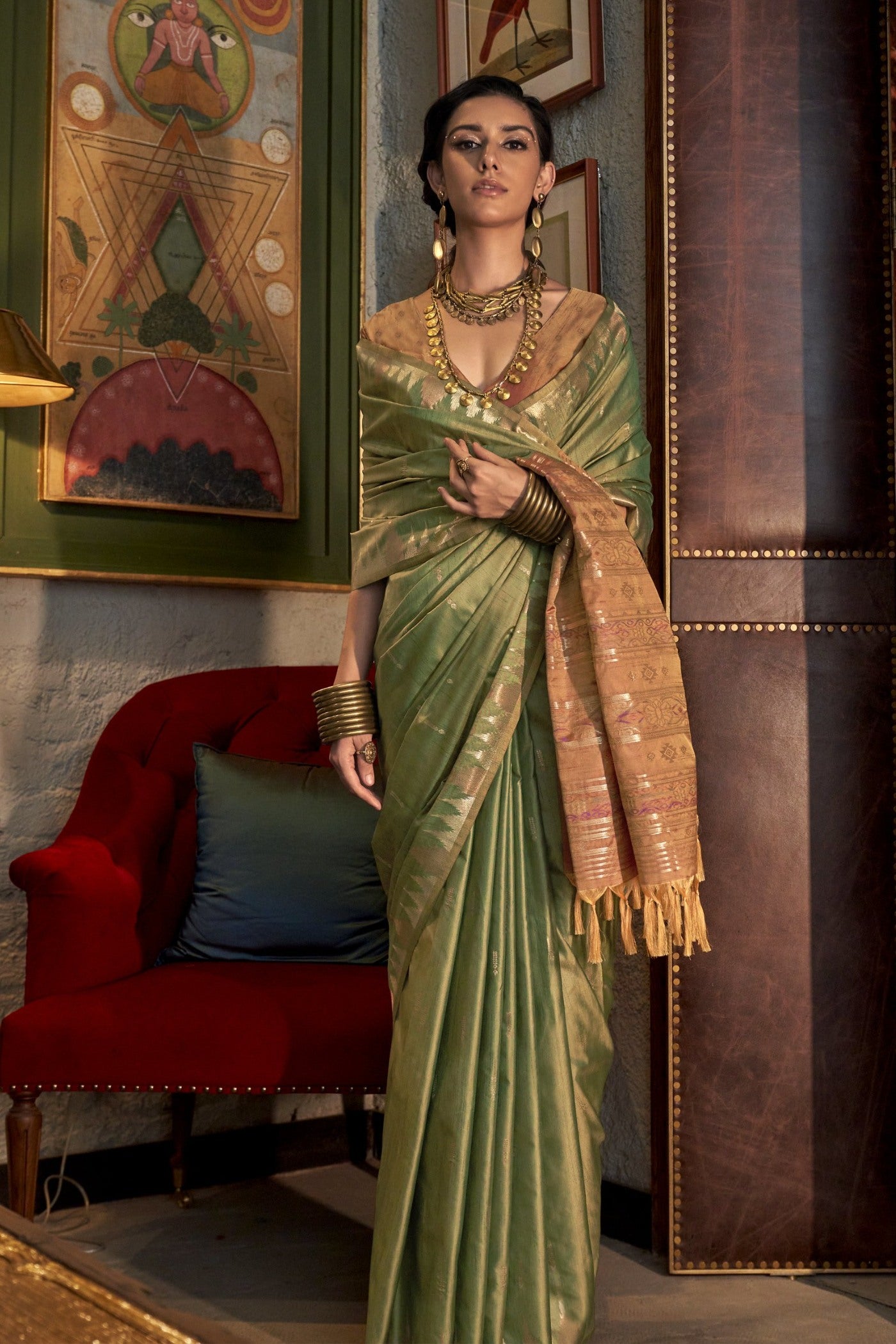 Buy MySilkLove Mineral Green Woven Linen Saree Online