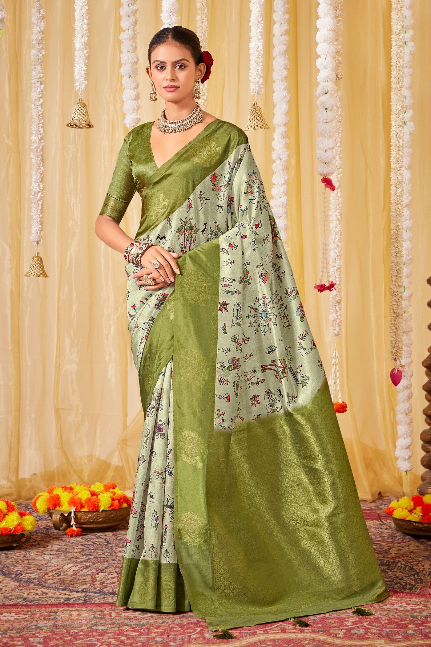 Buy MySilkLove Aloe Green Kalamkari Printed Saree Online