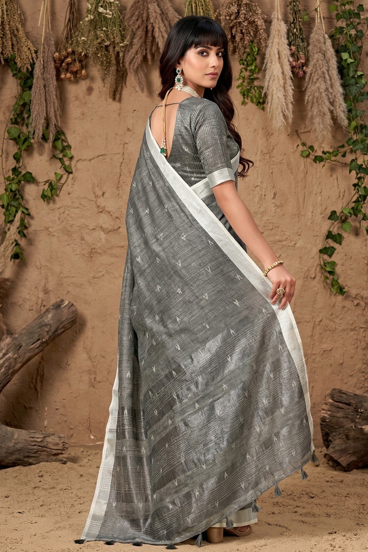 Buy MySilkLove Fog Grey Woven Linen Cotton Saree Online