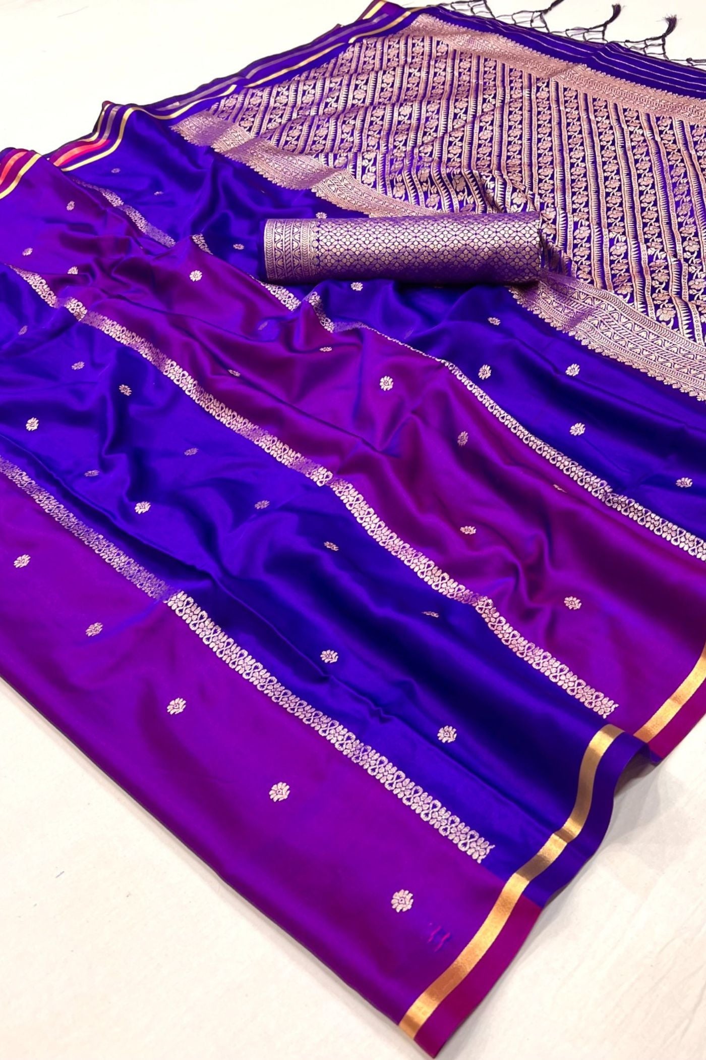Buy MySilkLove Dark Blue Handloom Rangkat Banarasi Satin Silk Saree Online