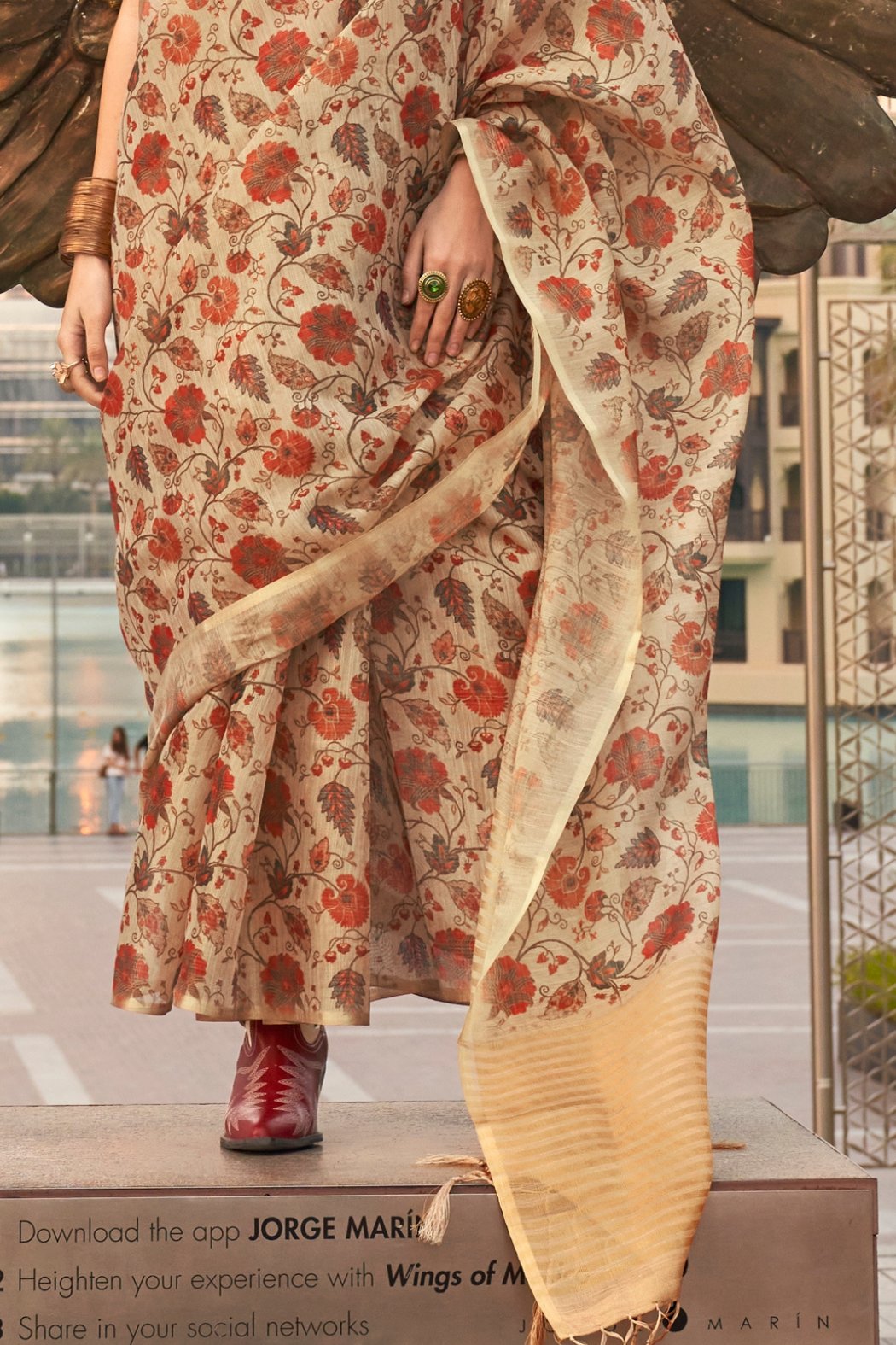 Buy MySilkLove Natural Cream and Brown Printed Tissue Saree Online