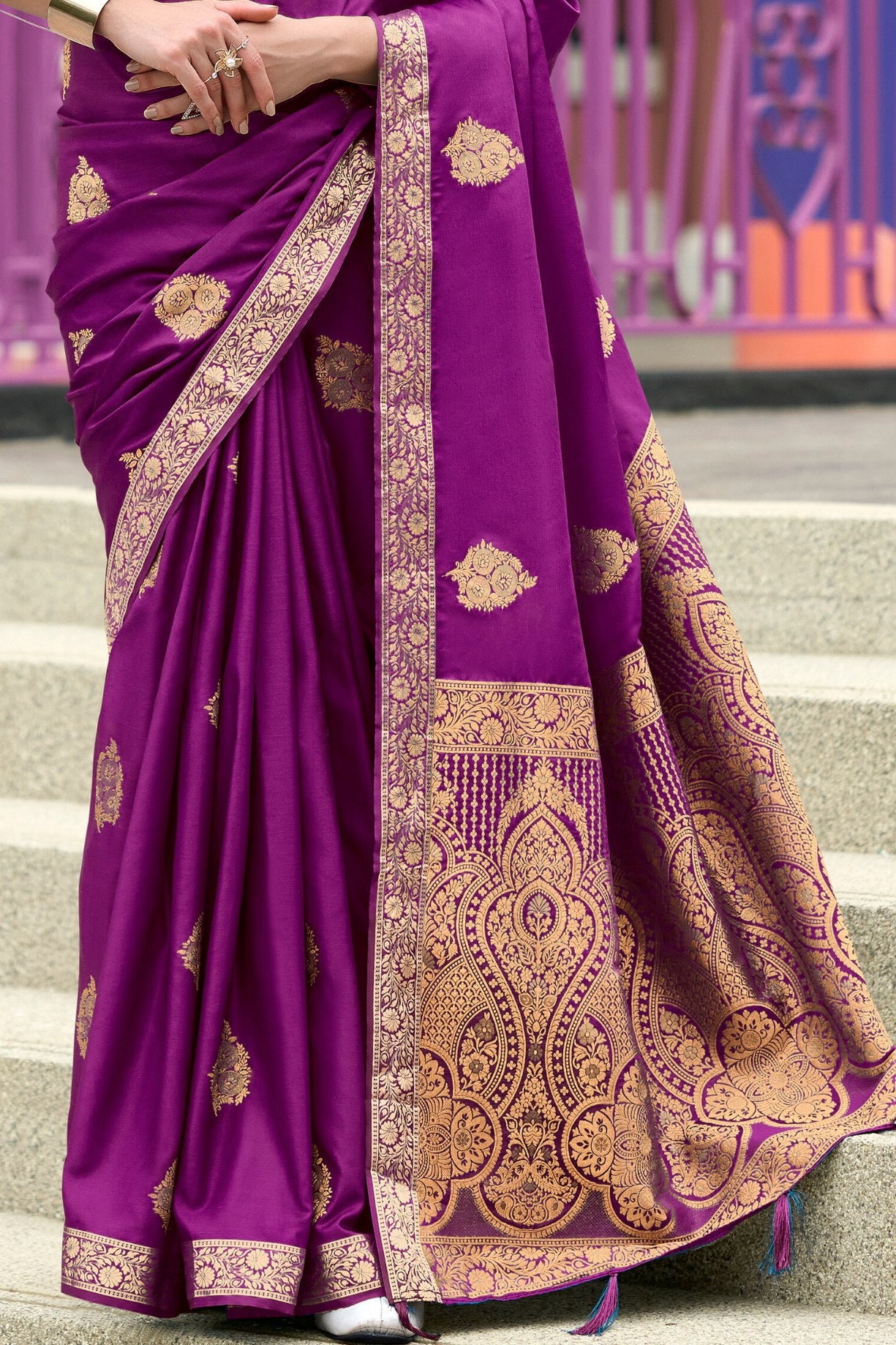 Buy MySilkLove Midnight Pearl Purple Banarasi Handloom Satin Saree Online