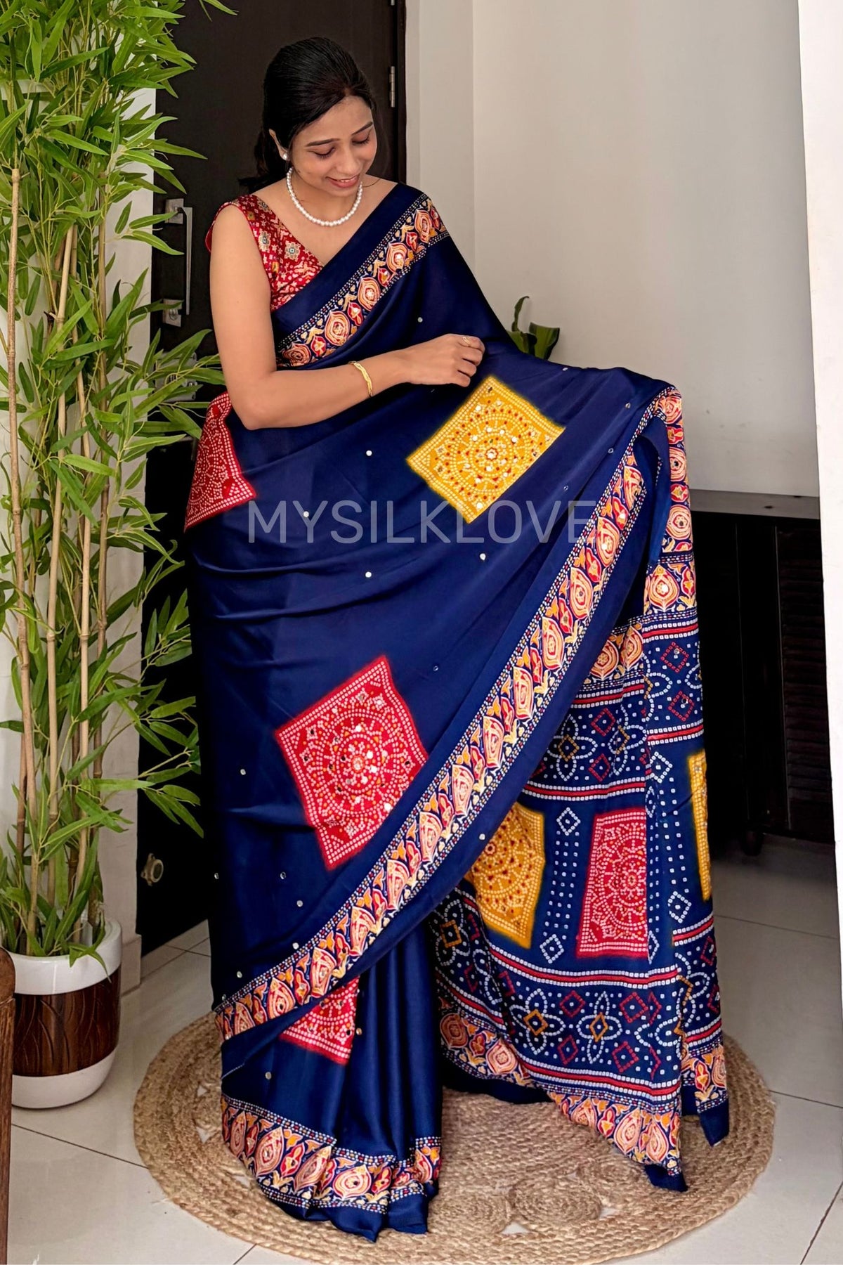 Buy MySilkLove Bluebell Blue Satin Printed Bandhani Mirror Work Saree Online