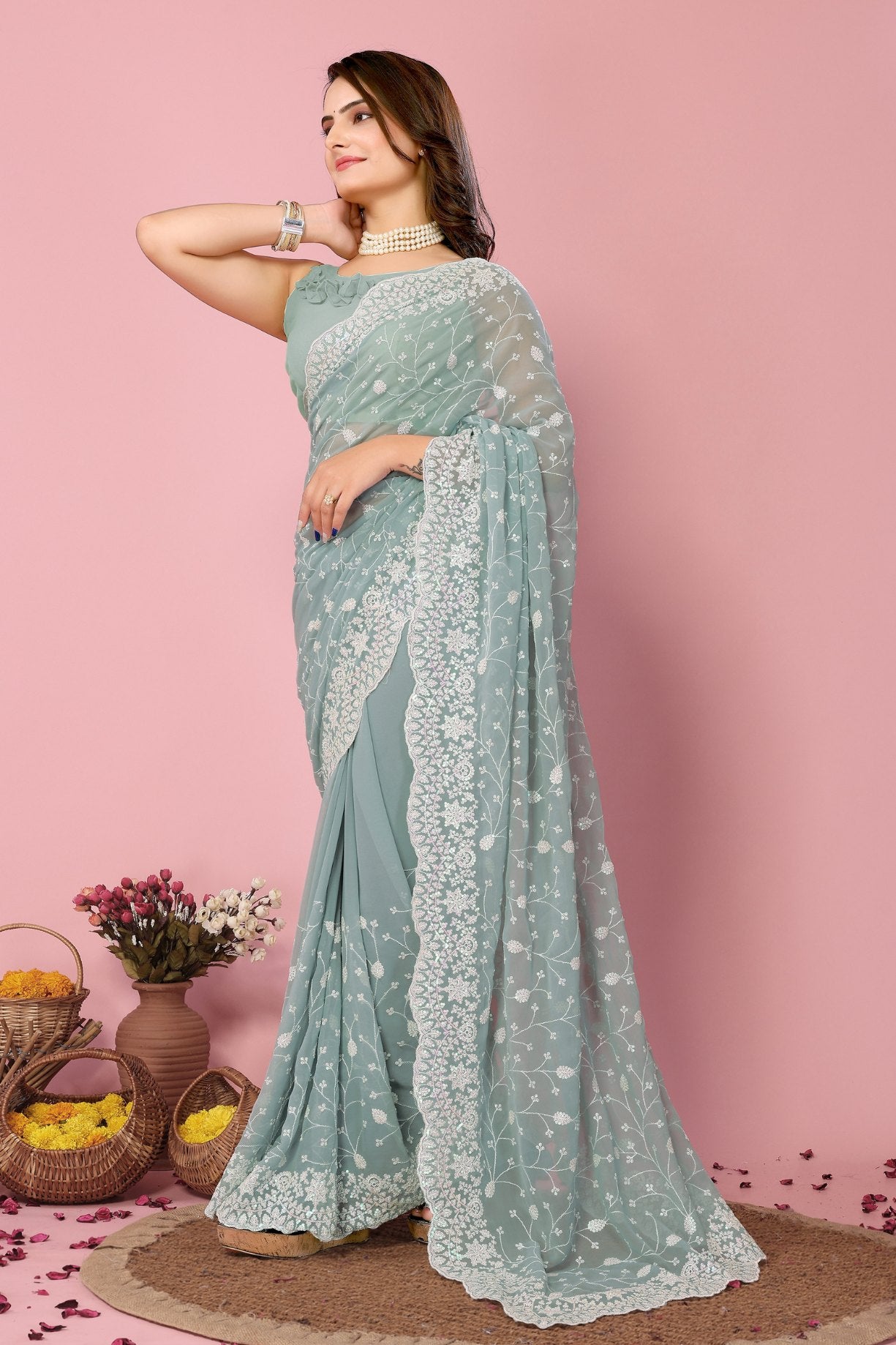 Buy MySilkLove Granny Smith Green Georgette Embroidered Silk Saree Online