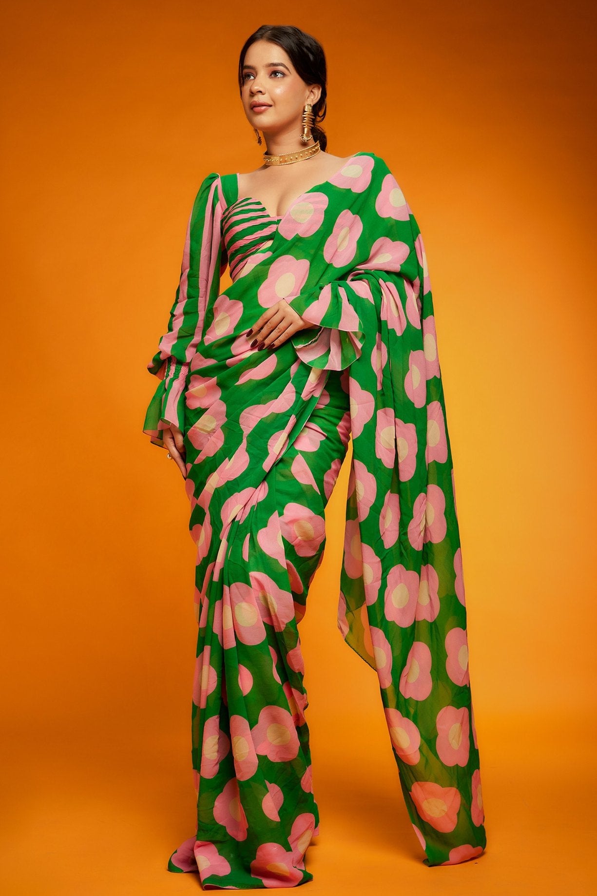 Buy MySilkLove Chateau Green Digital Printed Satin Silk Saree Online