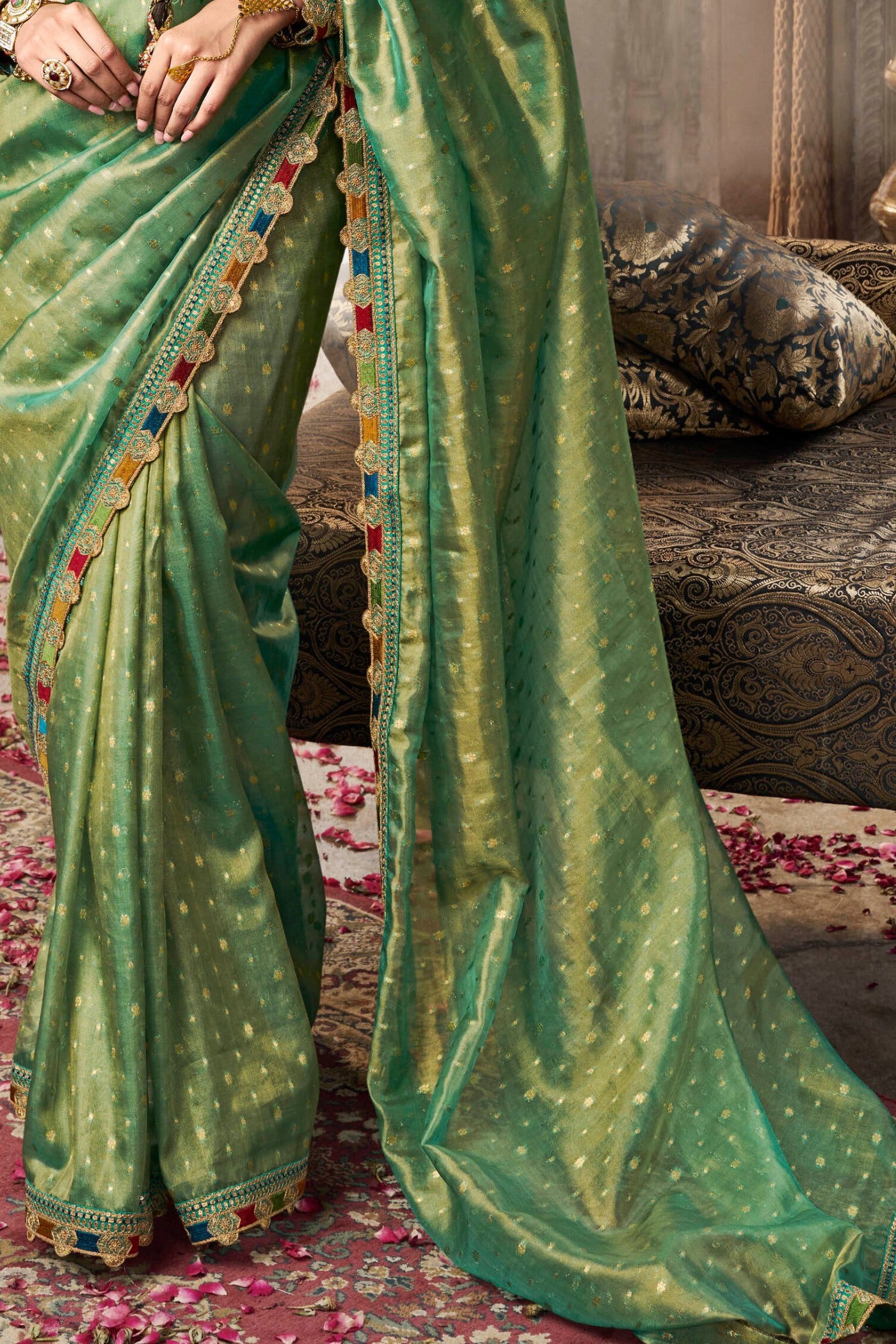 Buy MySilkLove Highland Green Tissue Designer Saree Online