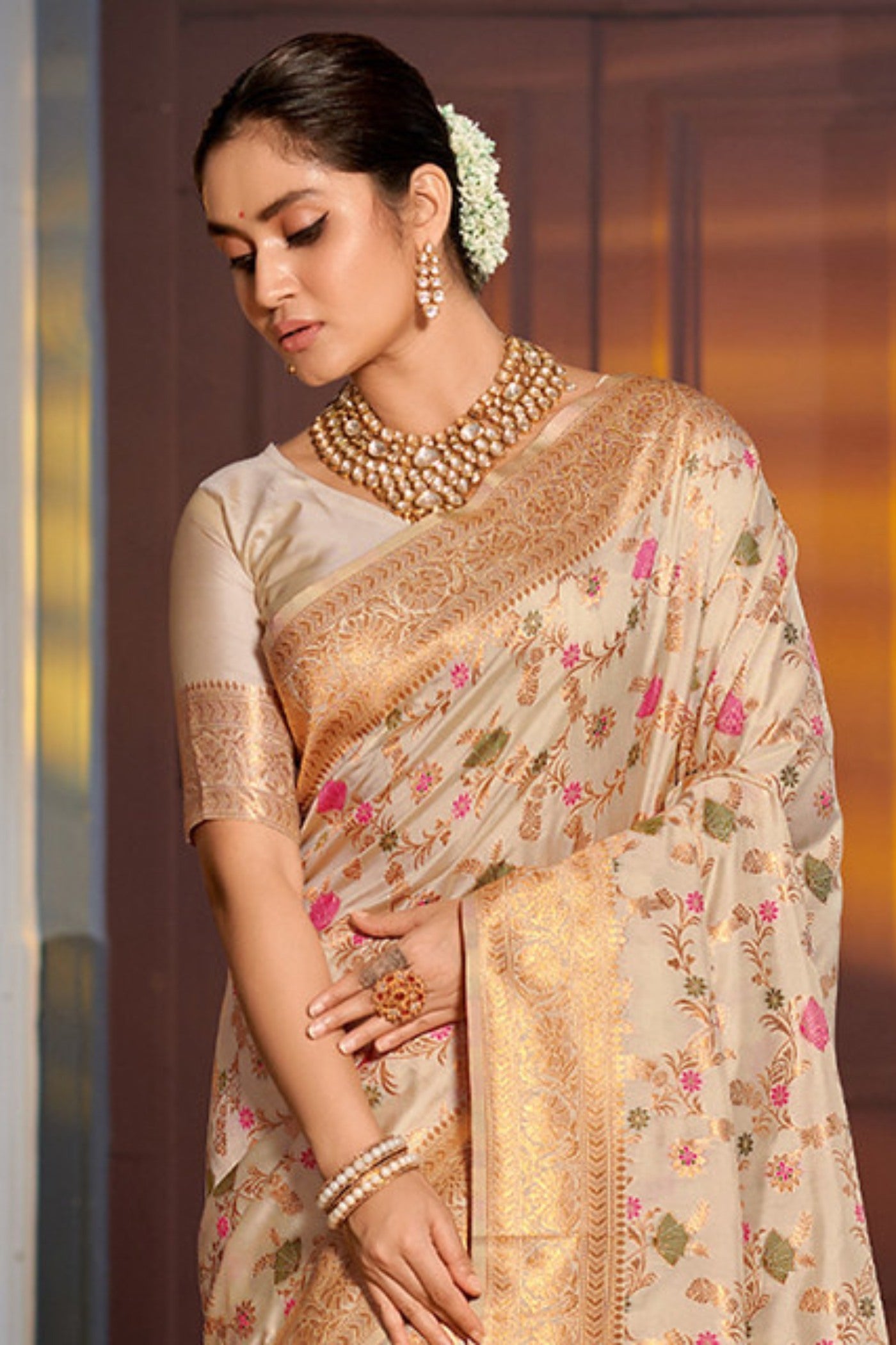 Buy MySilkLove Cashmere Cream Zari Woven Banarasi Saree Online