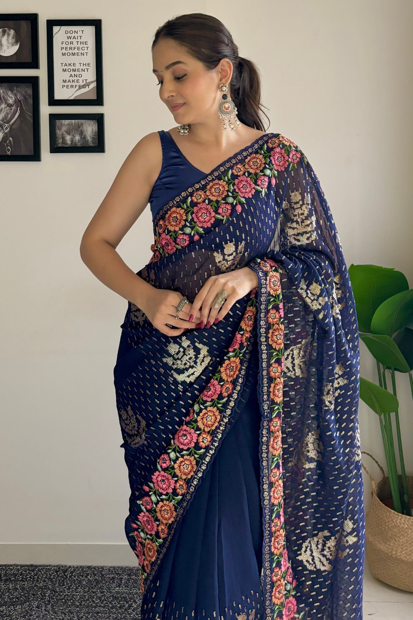 MySilkLove Navy Blue Embroidery Designer Georgette Saree