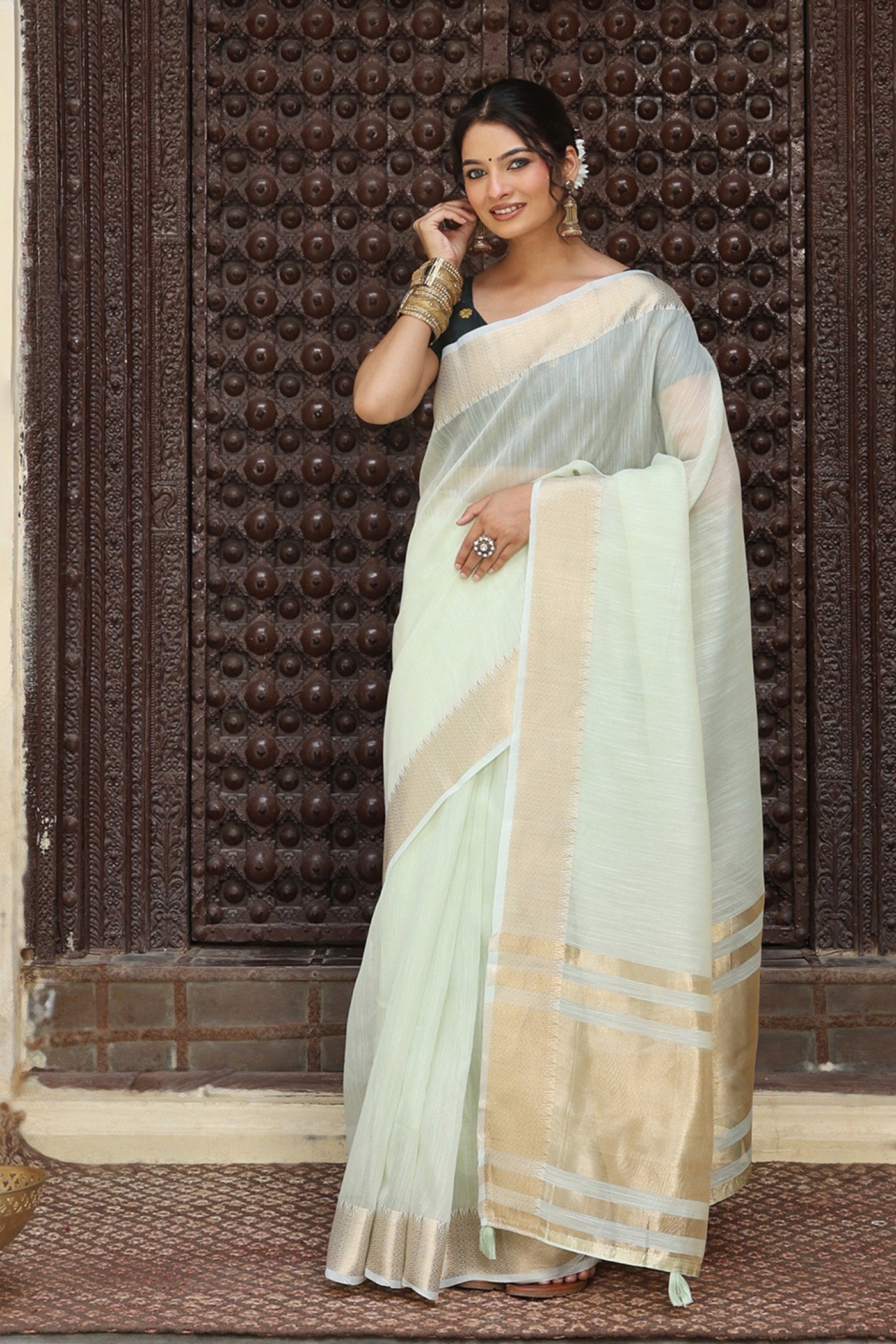 Buy MySilkLove Pistachio Green Woven Cotton Saree Online
