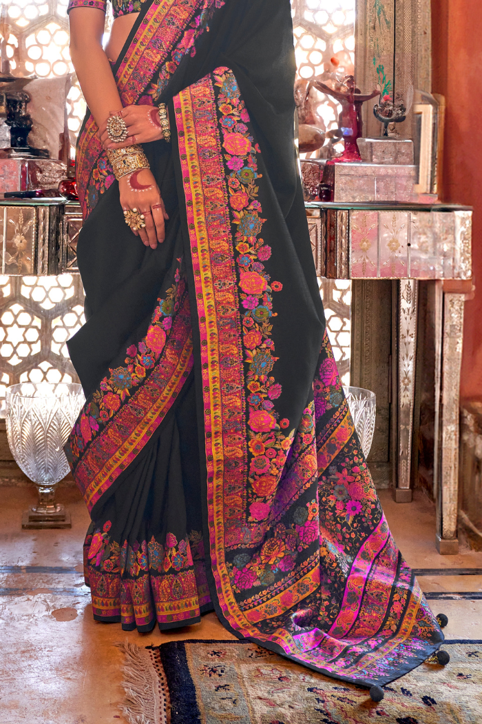 Buy MySilkLove Cape Cod Black Printed Banarasi Saree Online