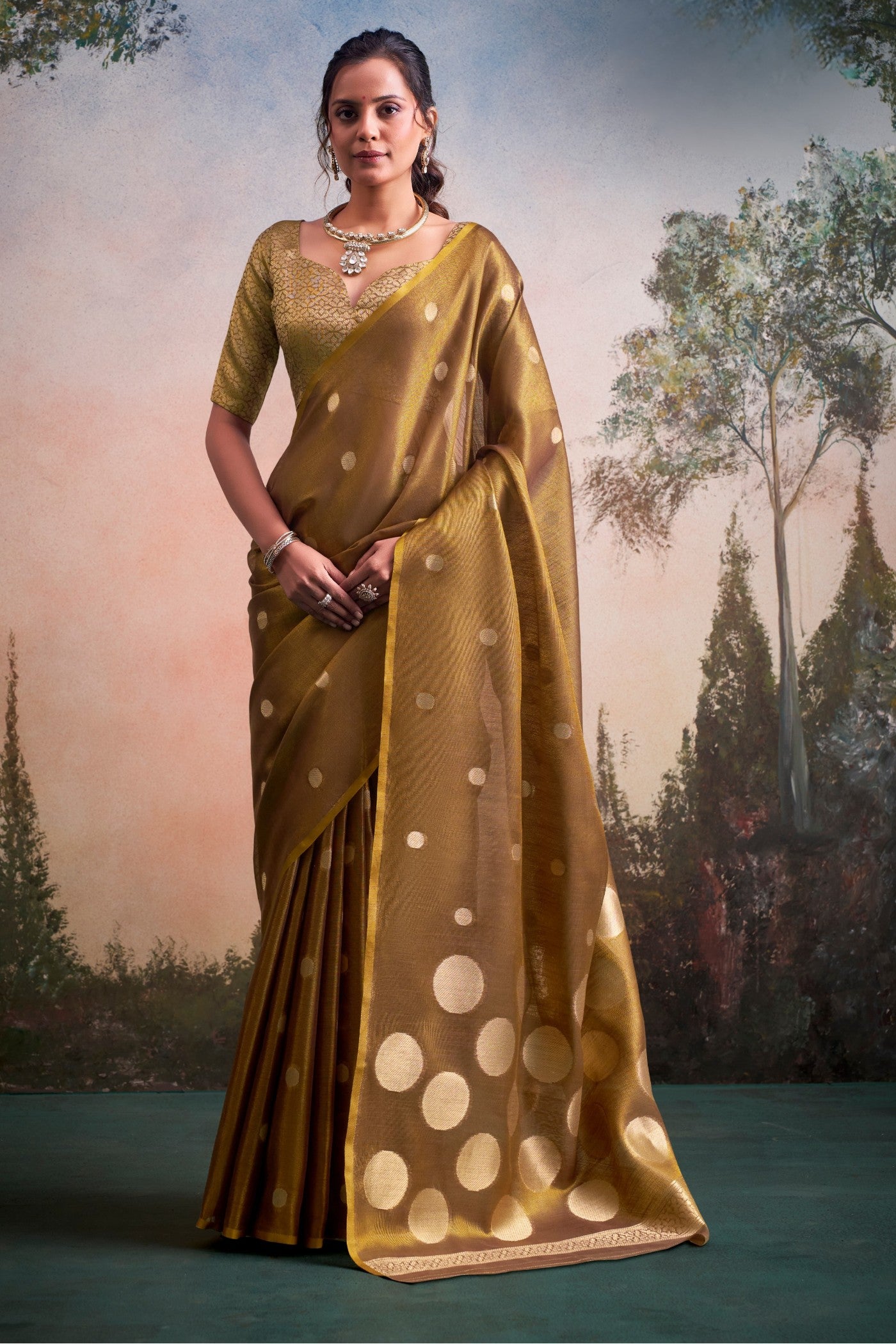 Buy MySilkLove Khaki Brown Handloom Tissue Saree Online