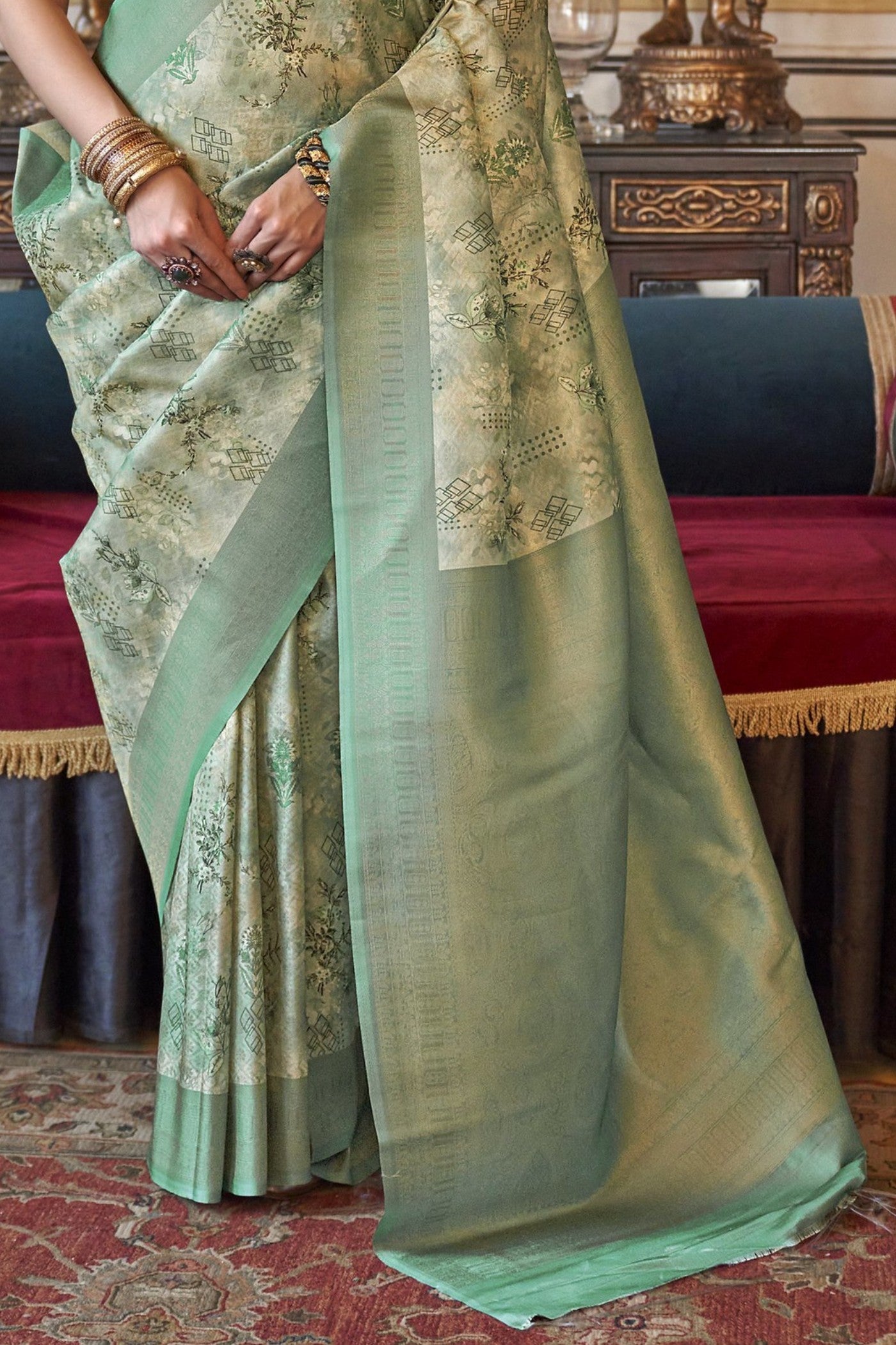 Buy MySilkLove Hillary Green Tussar Banarasi Digital Printed Saree Online