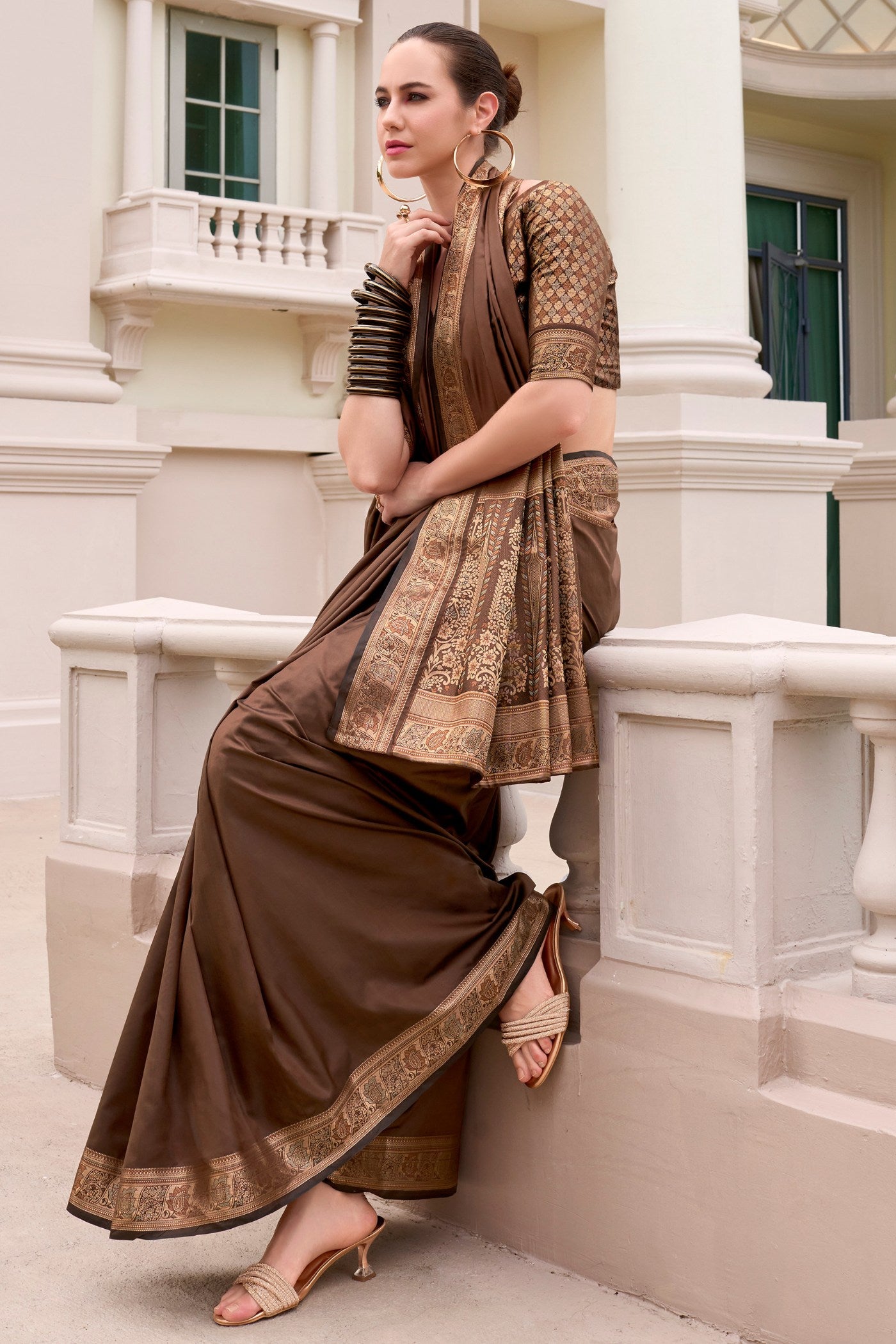 Buy MySilkLove Leather Brown Banarasi Handloom Saree Online