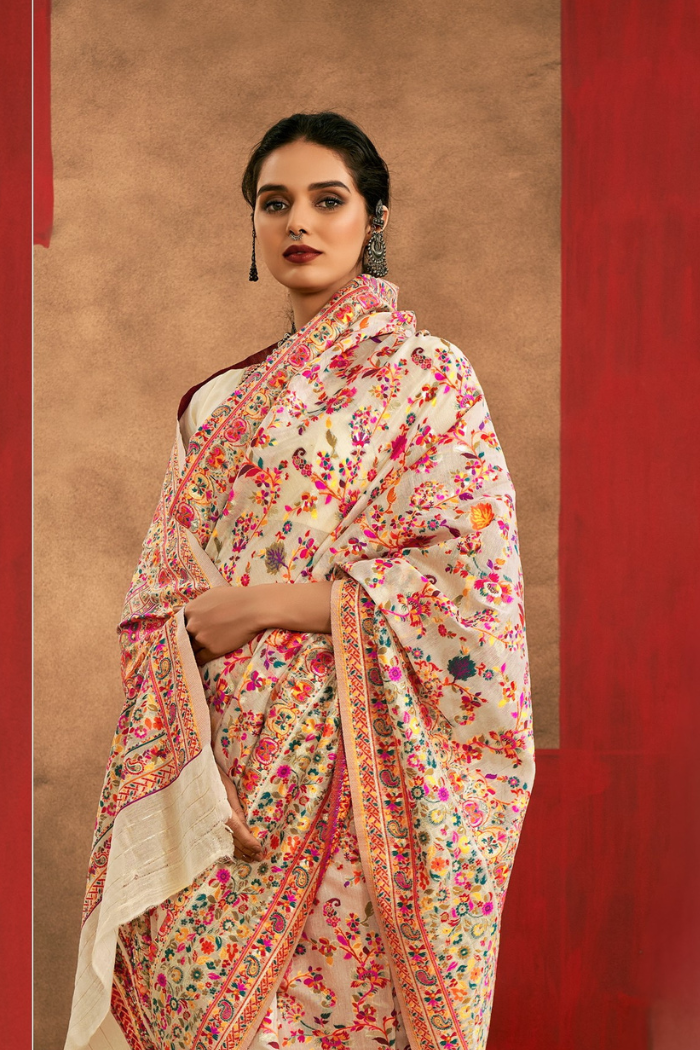 Buy MySilkLove Ivory Cream Kashmiri Handloom Jamewar Saree Online