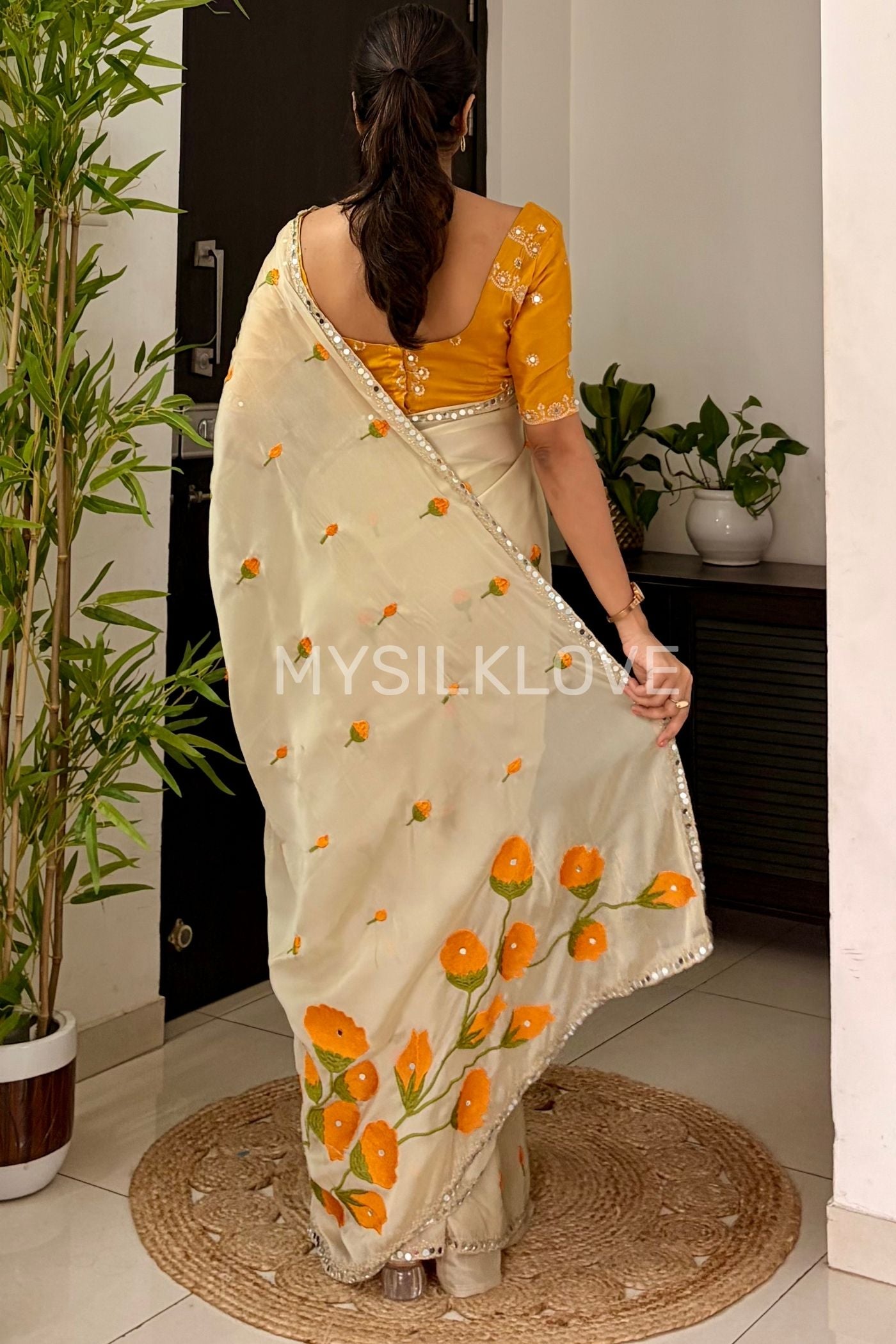 Buy MySilkLove Moonlit Cream and Yellow Embroidery Chiffon Floral Saree with Mirror Work Online