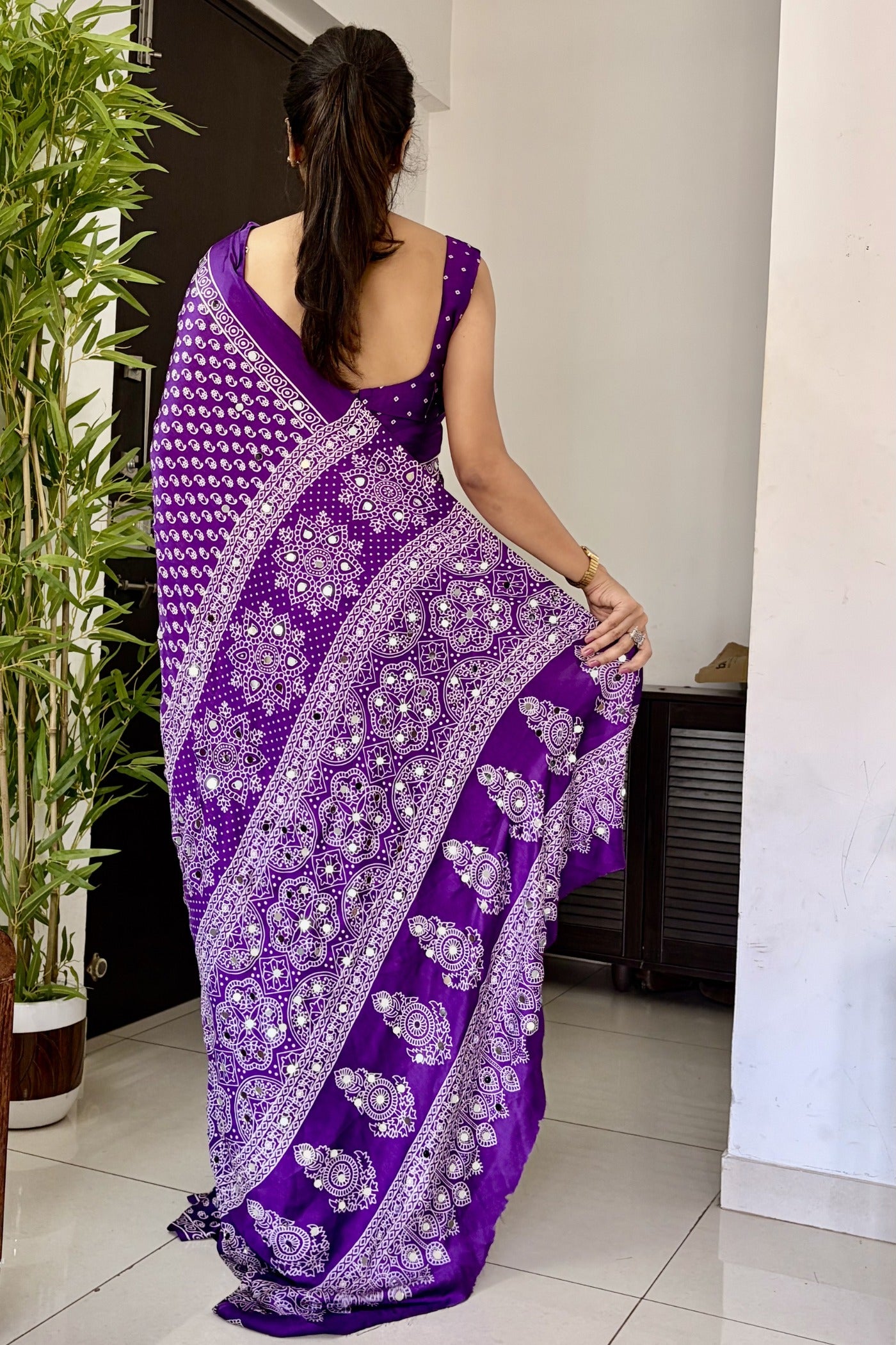 Buy MySilkLove True Purple Modal Ajrakh Satin Printed Mirror Work Saree Online